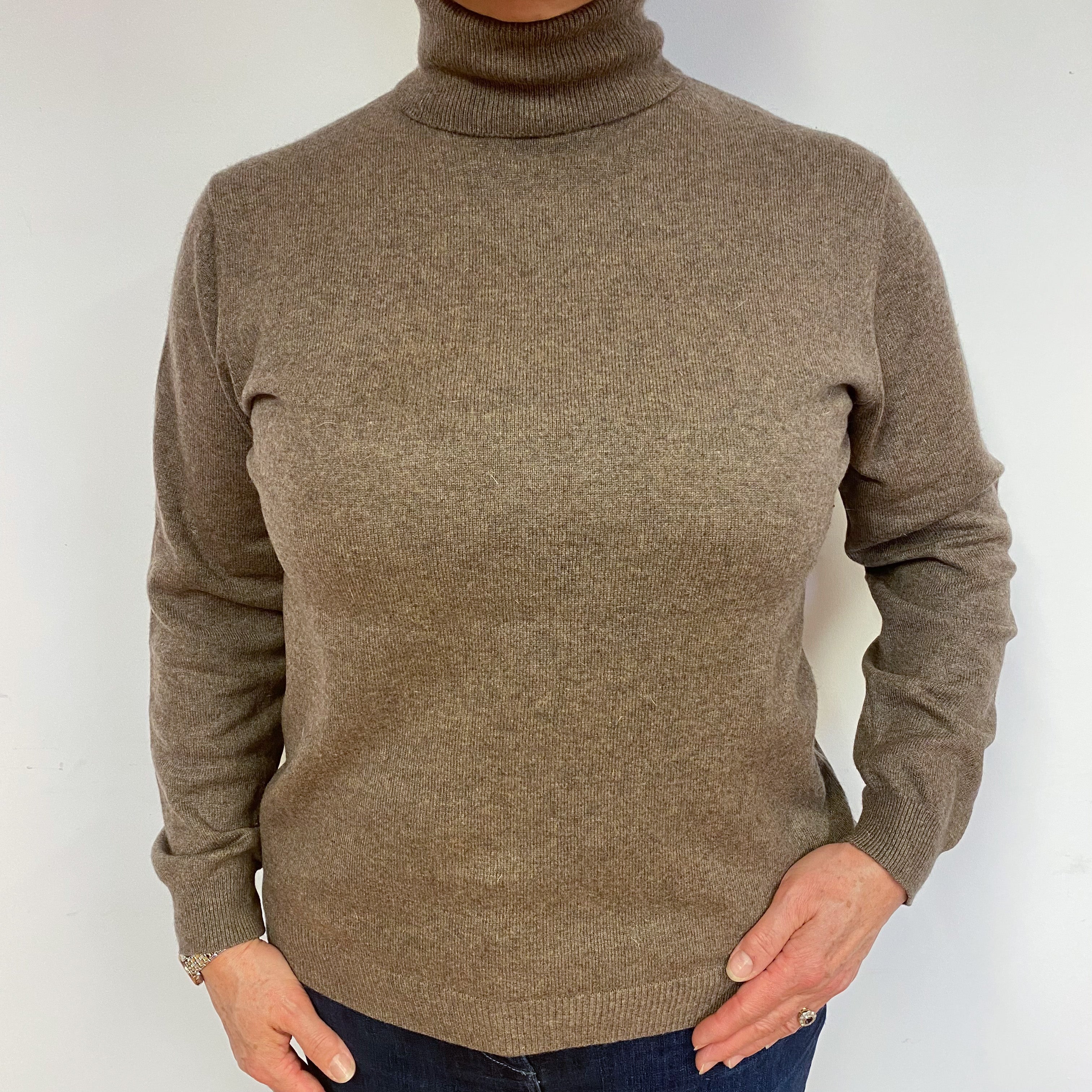 Mocha Brown Cashmere Polo Neck Jumper Large