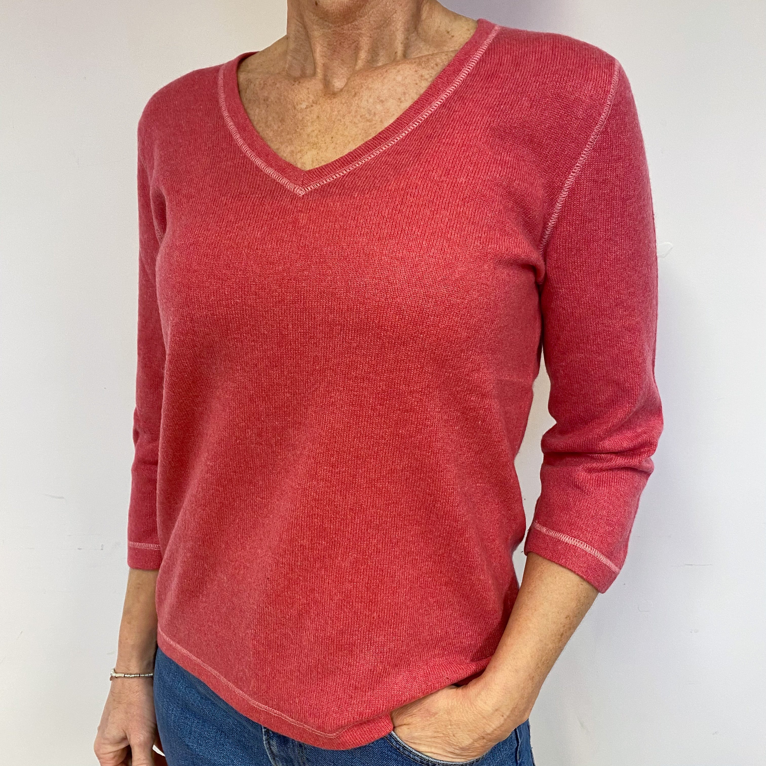 Strawberry Pink Cashmere V-Neck Jumper Medium