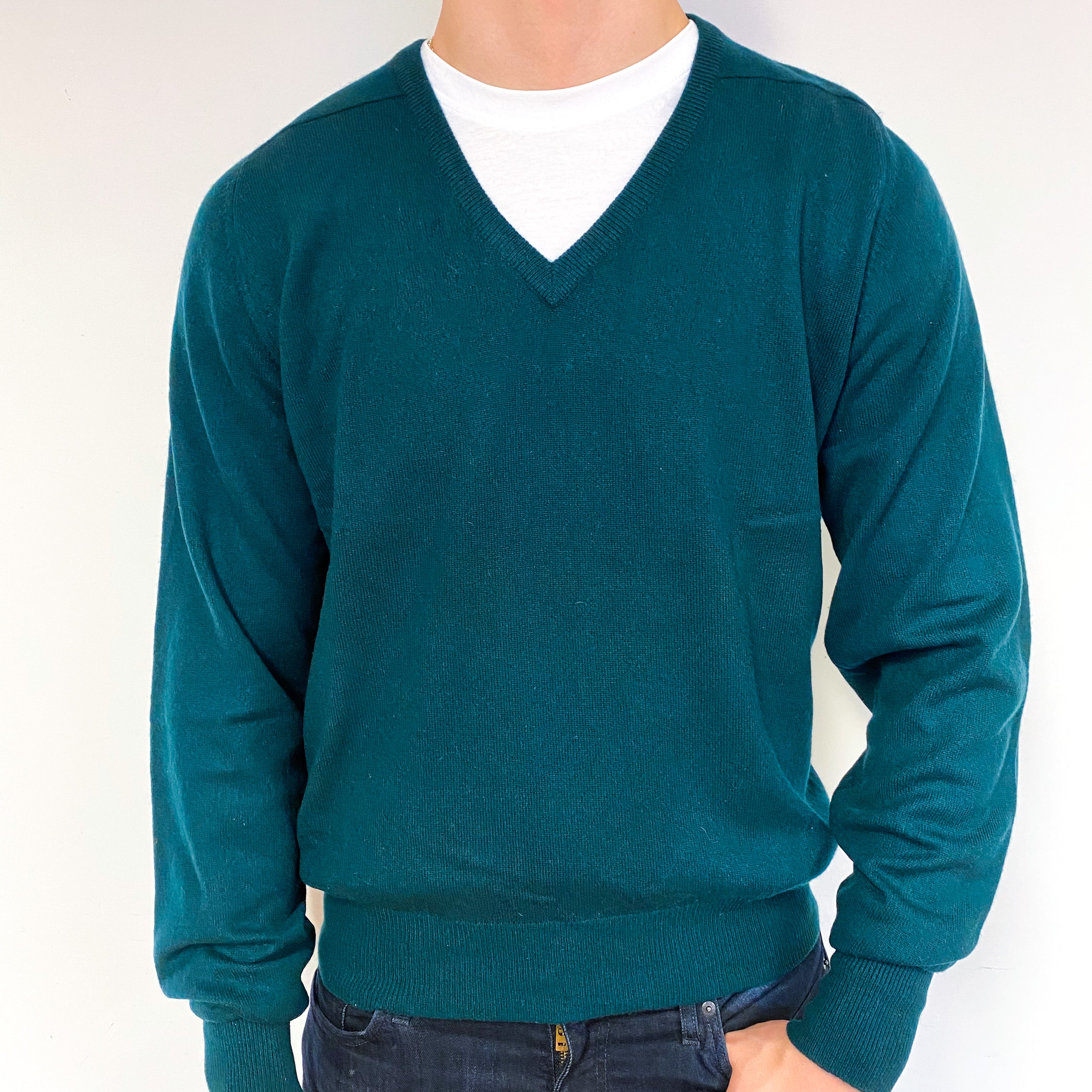 Men's Dark Forest Green Cashmere V-Neck Jumper Extra Large