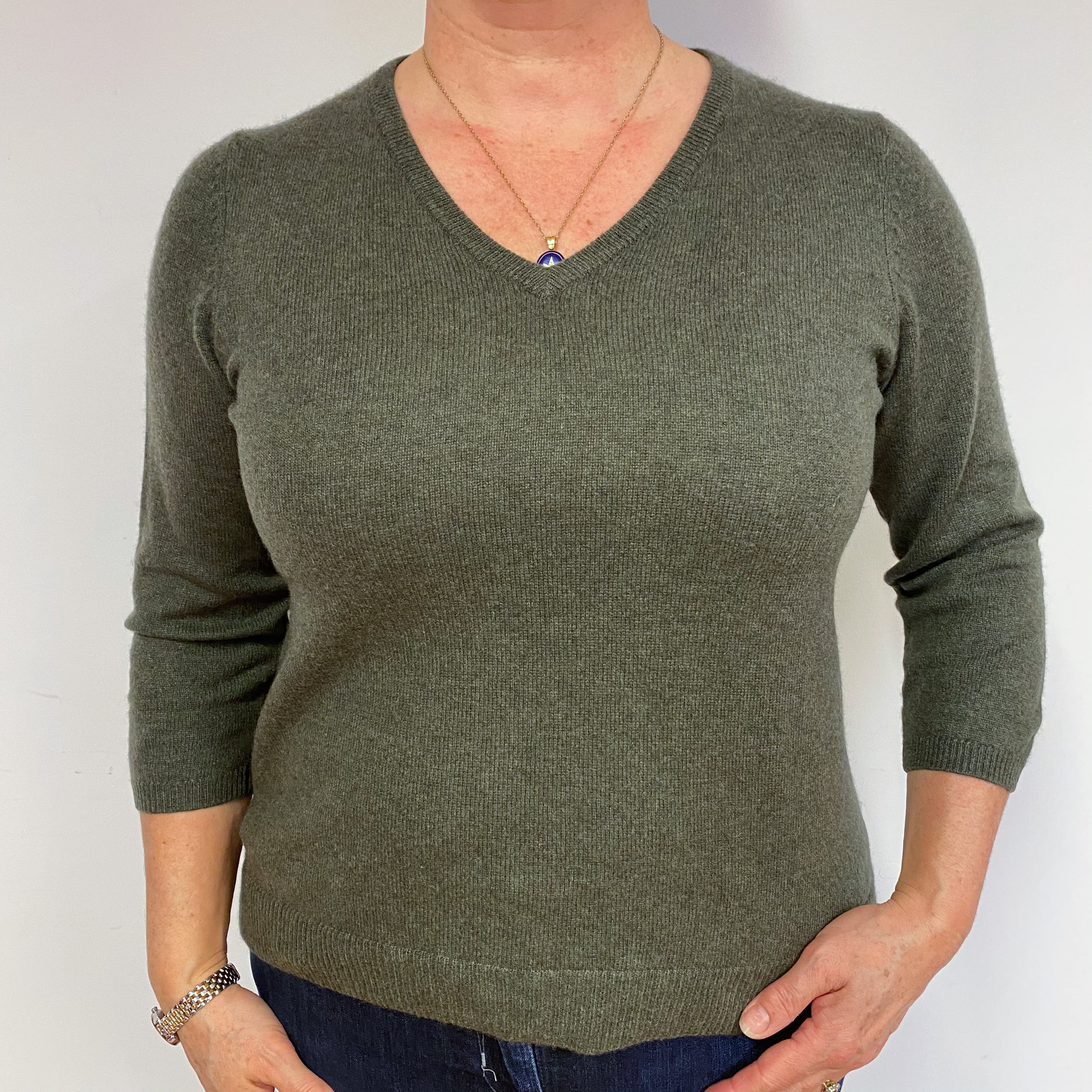 Khaki Green 3/4 Sleeve Cashmere V-Neck Jumper Large