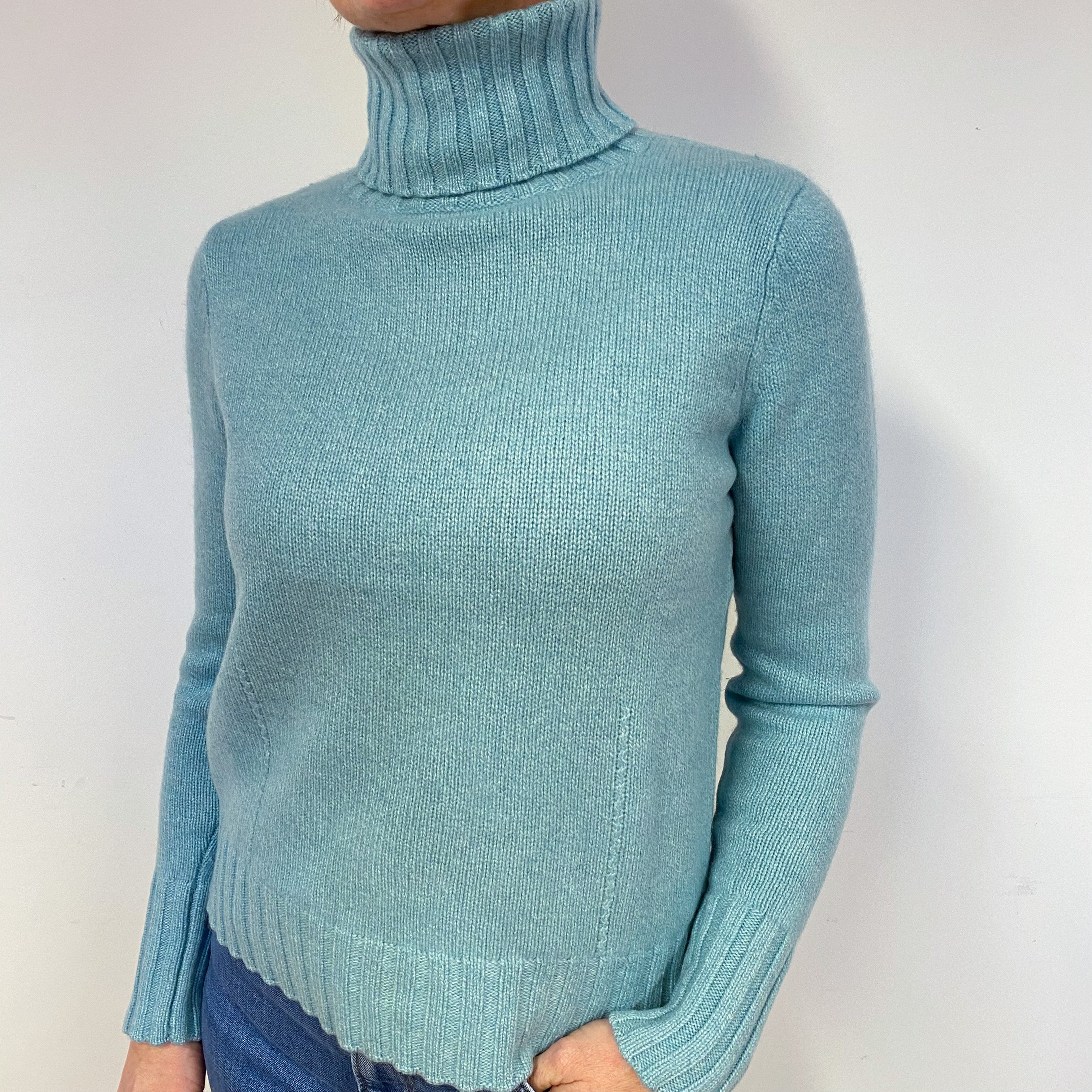 Opal Green Chunky Cashmere Polo Neck Jumper Medium