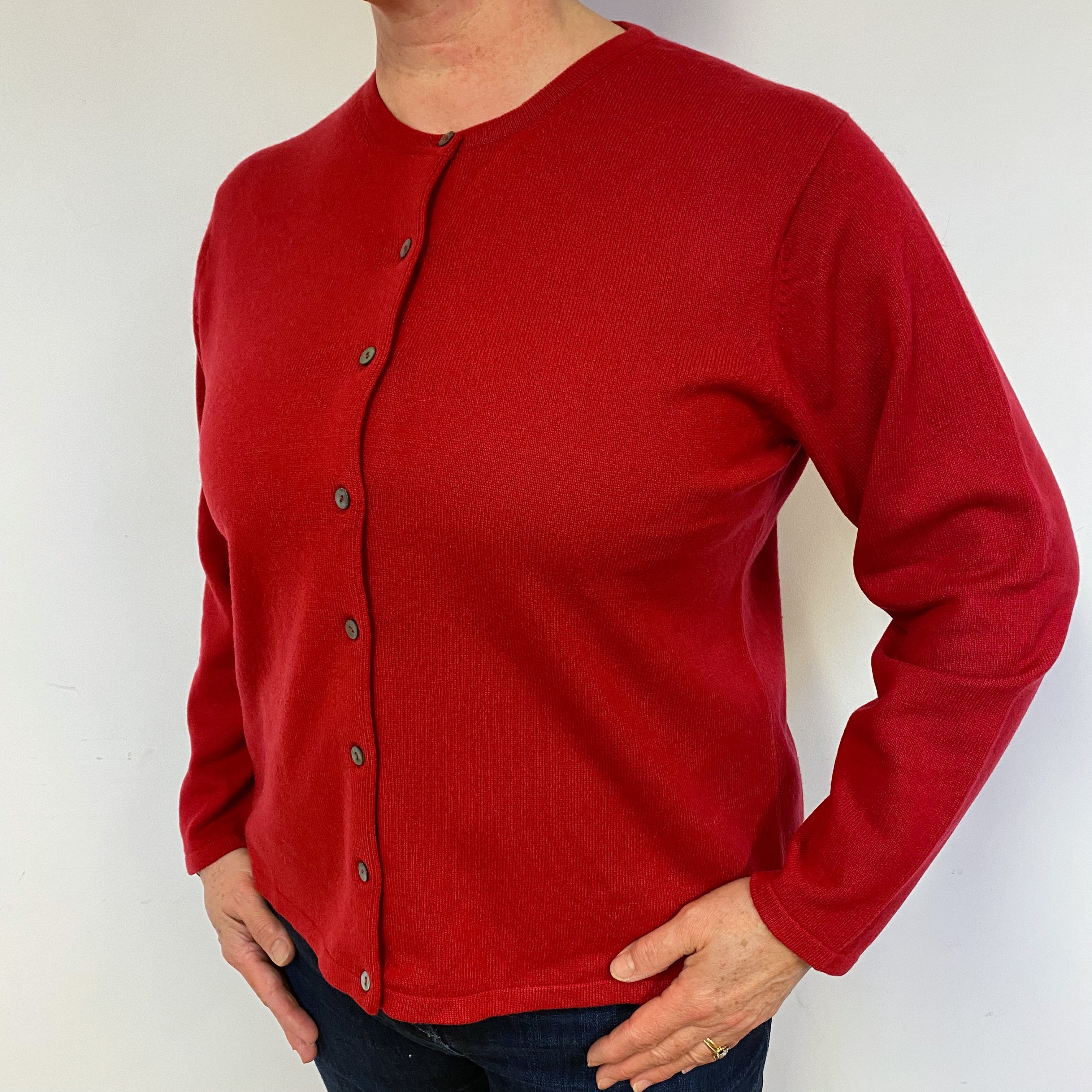 Post Box Red Cashmere Crew Neck Cardigan Large
