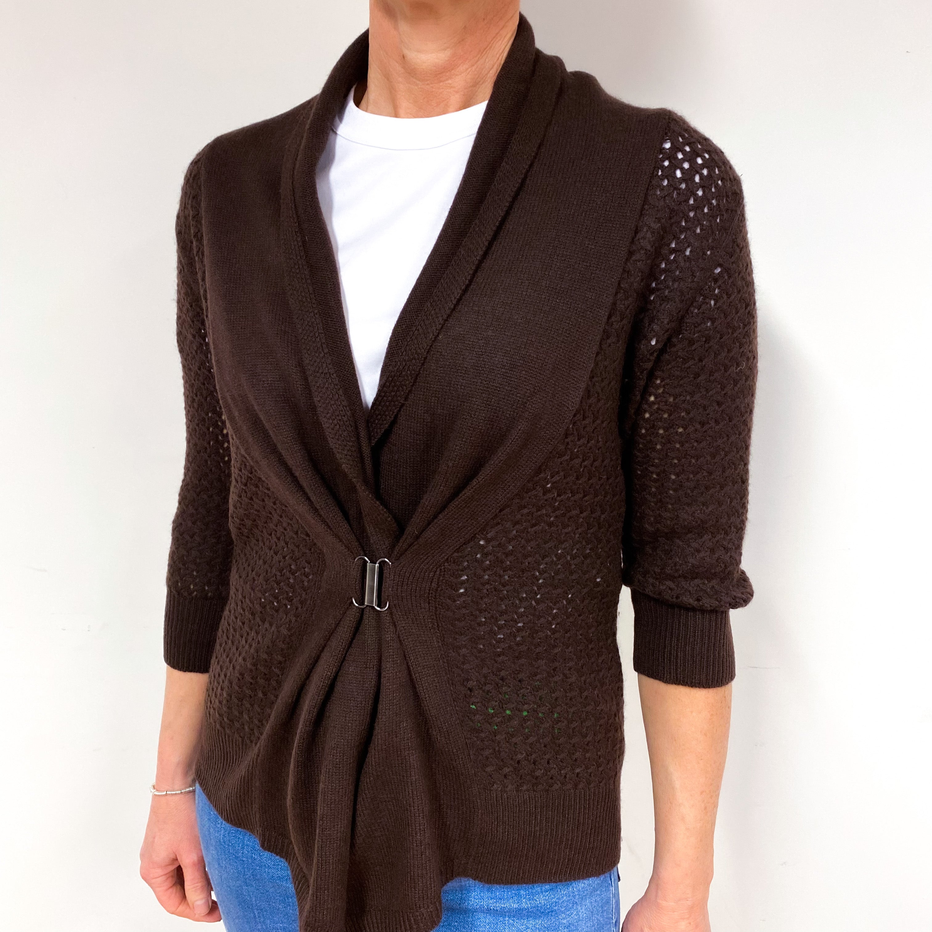 Chocolate Brown 3/4 Sleeve Cashmere V-Neck Cardigan Medium