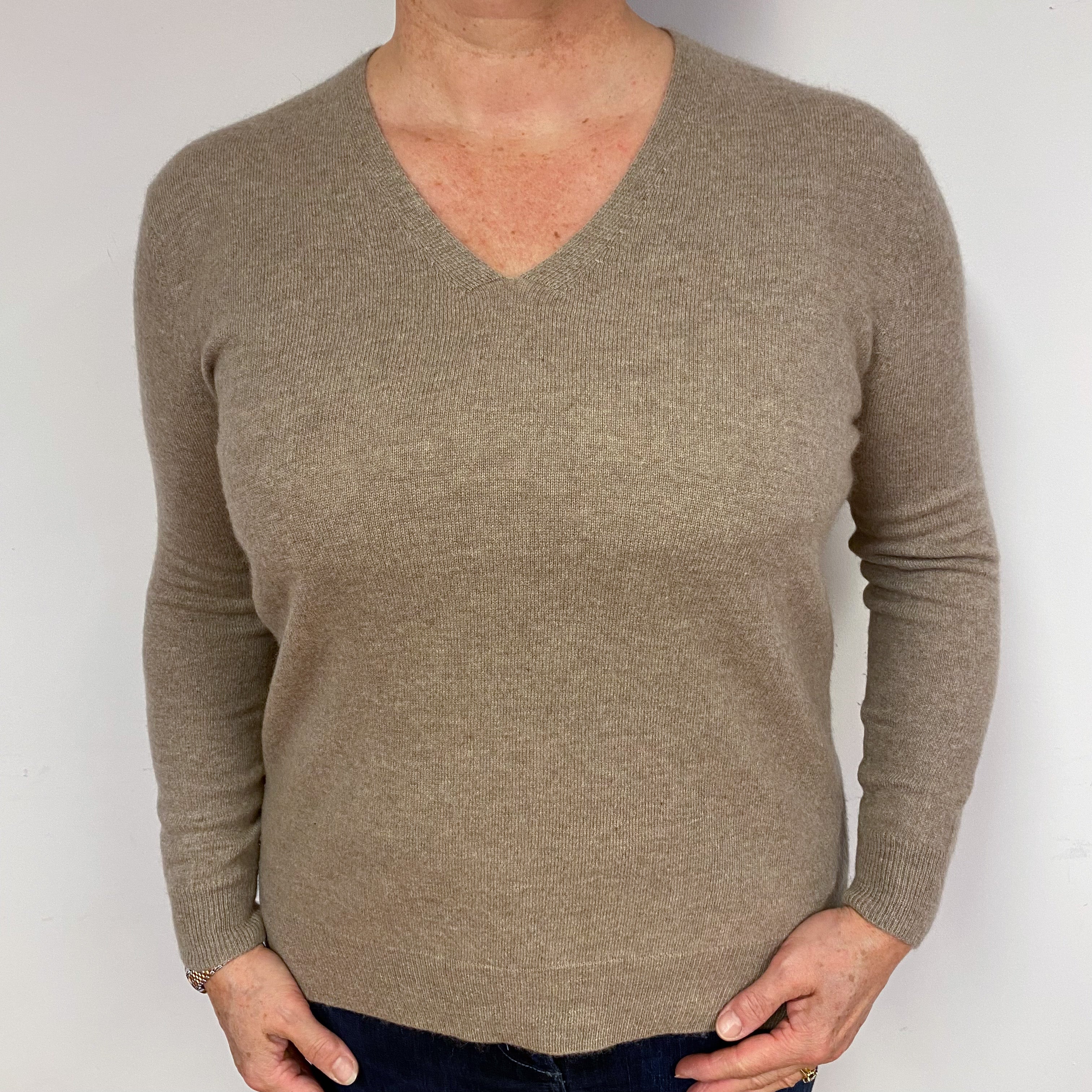 Taupe Brown Cashmere V-Neck Jumper Large