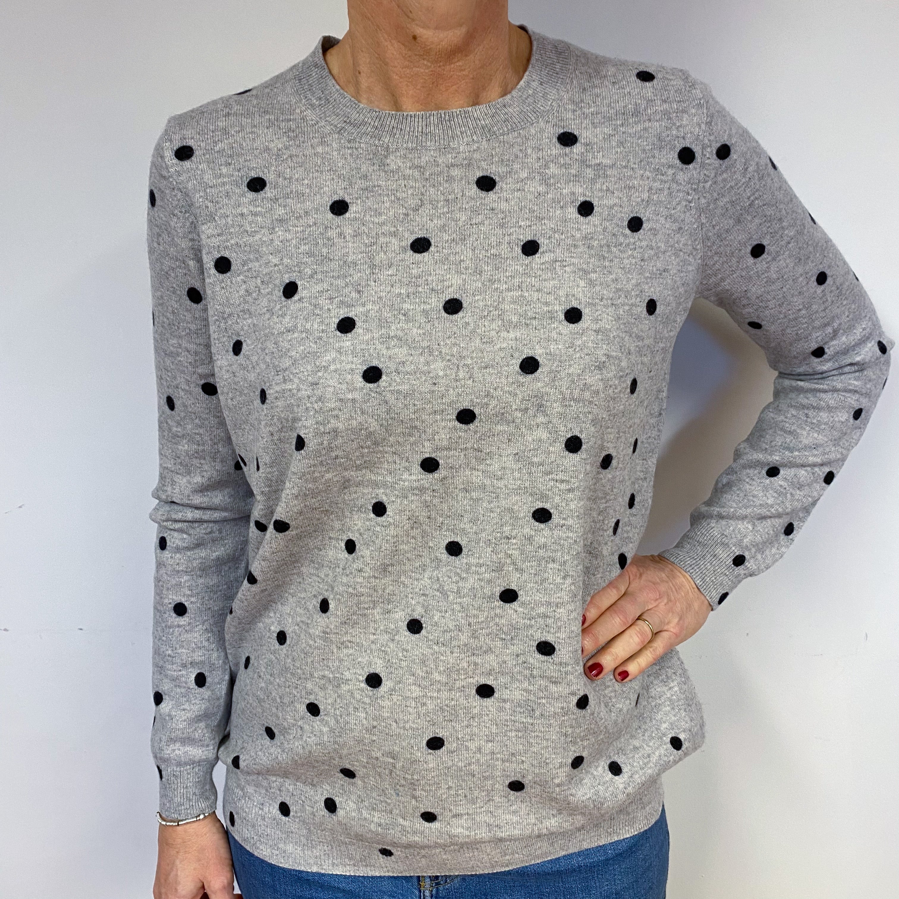 Slouchy Grey Polka Dot Cashmere Crew Neck Jumper Medium