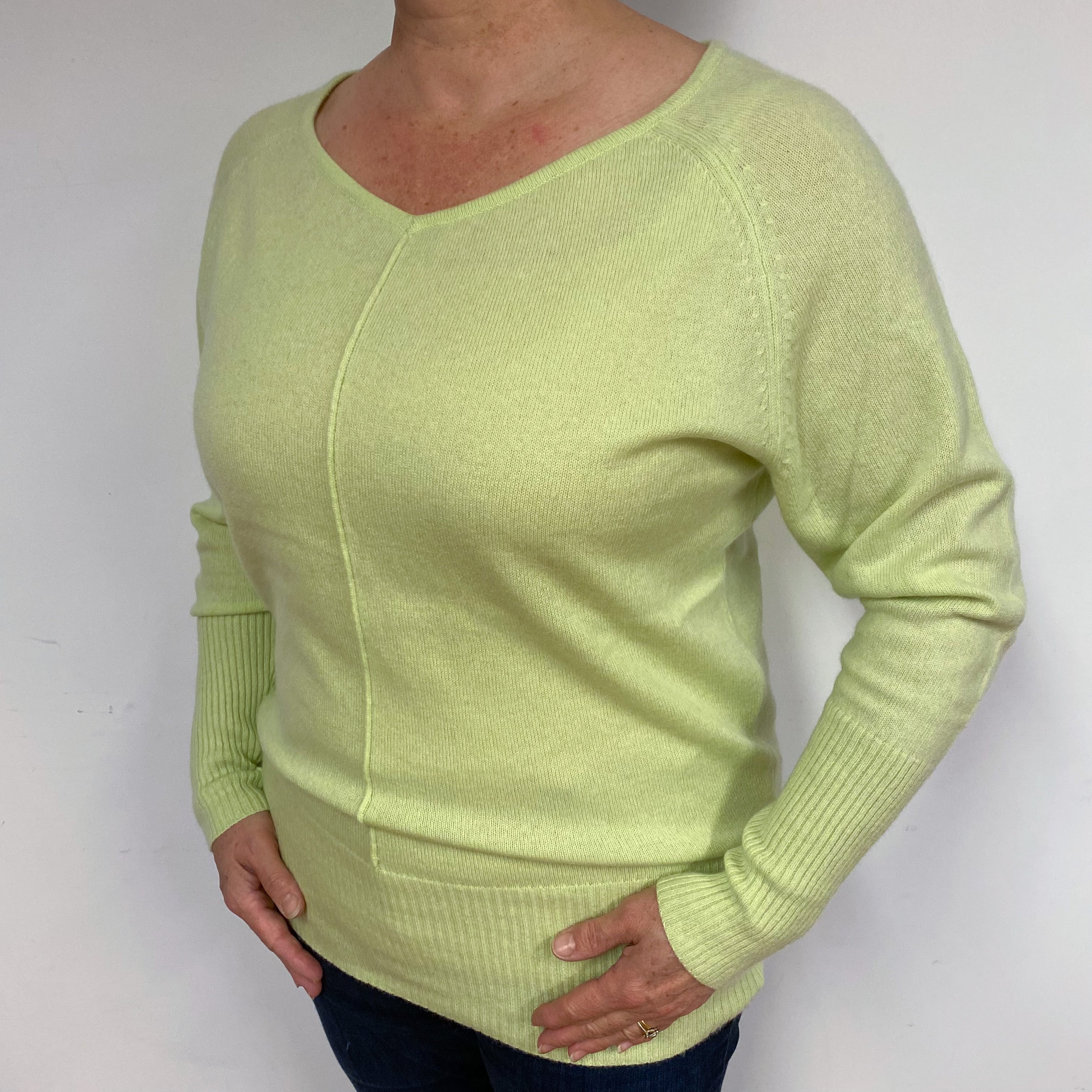 Lime Green Batwing Cashmere V-Neck Jumper Large
