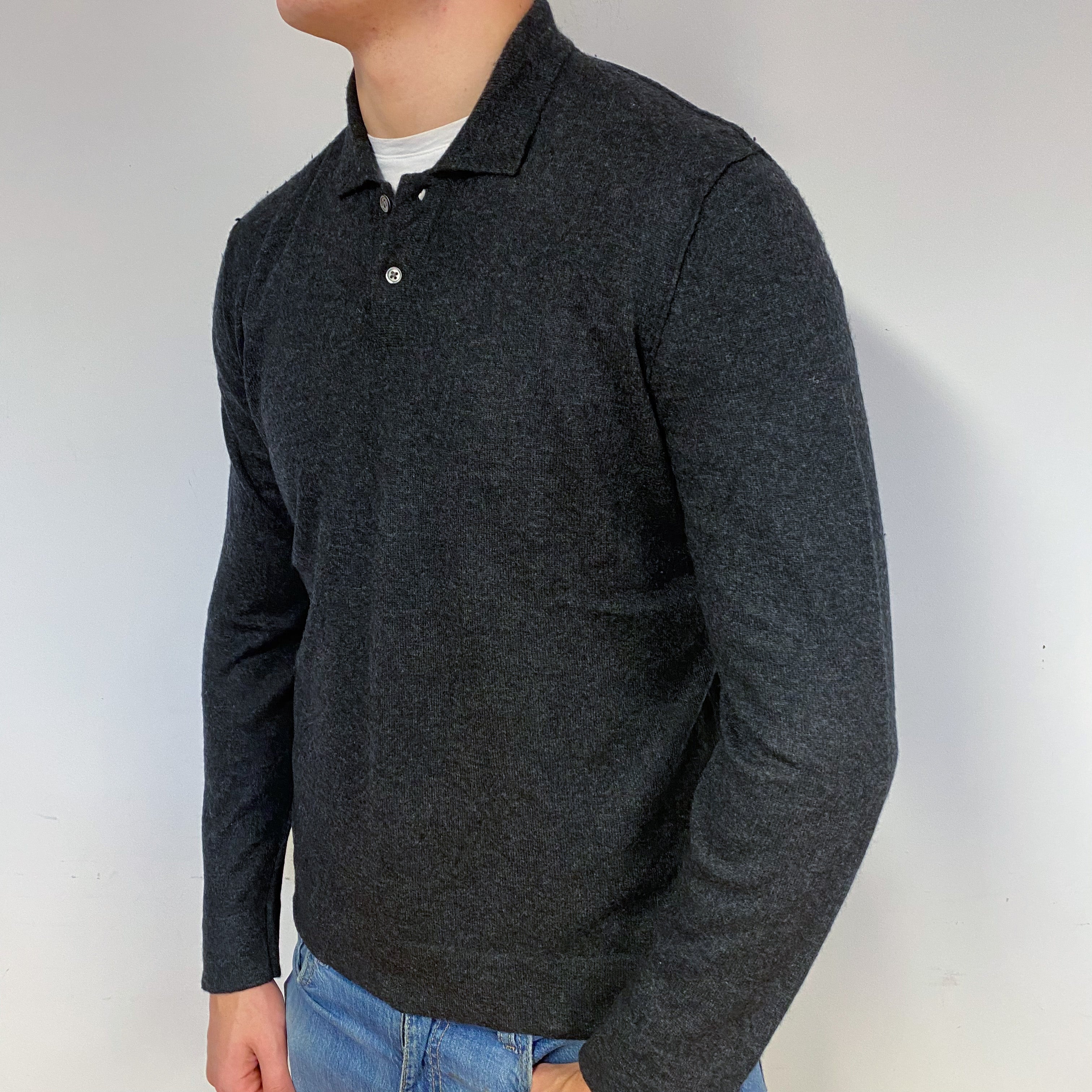 Men's Lightweight Dark Grey Cashmere 1/4 Button Jumper Extra Large