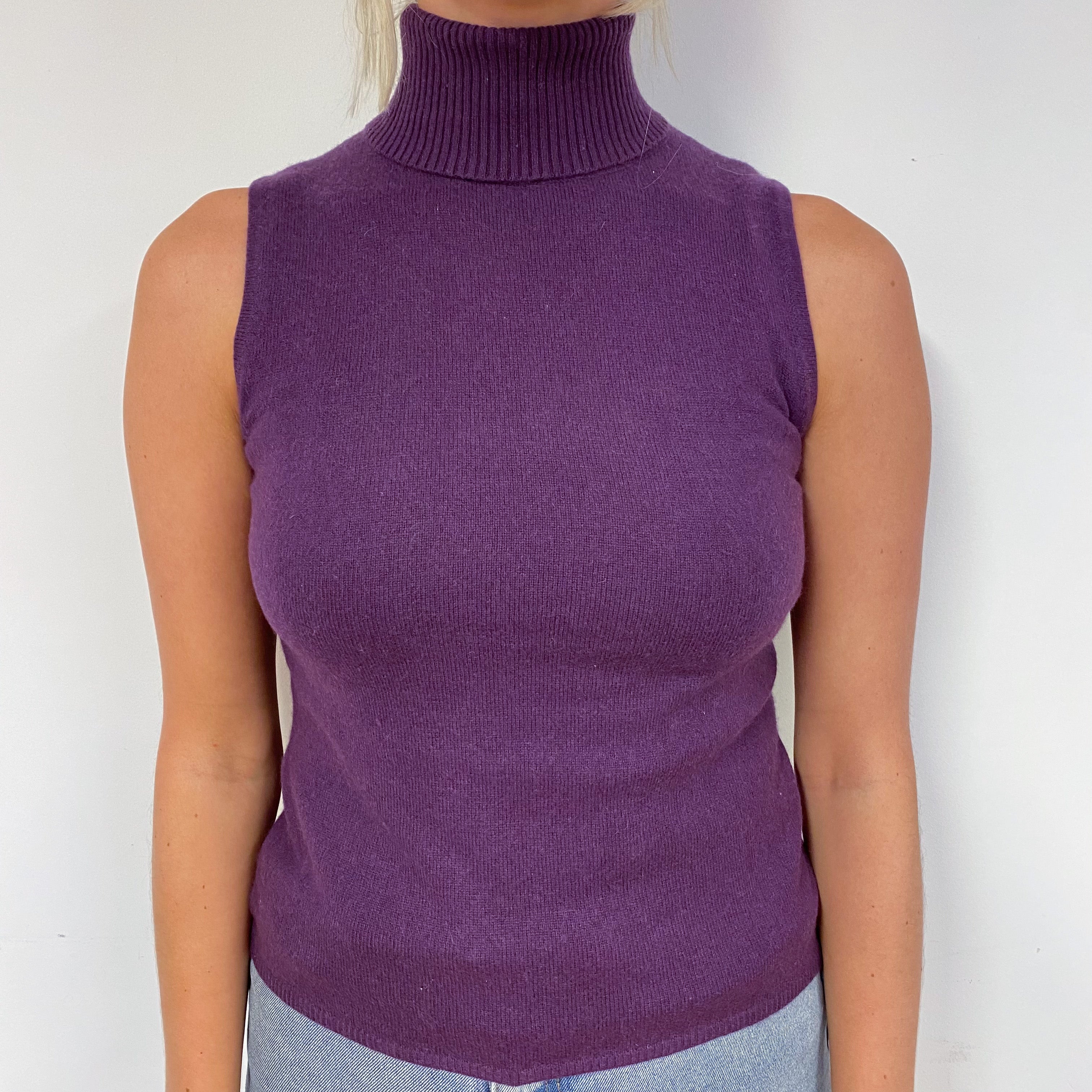Blueberry Purple Cashmere Sleeveless Polo Neck Jumper Small