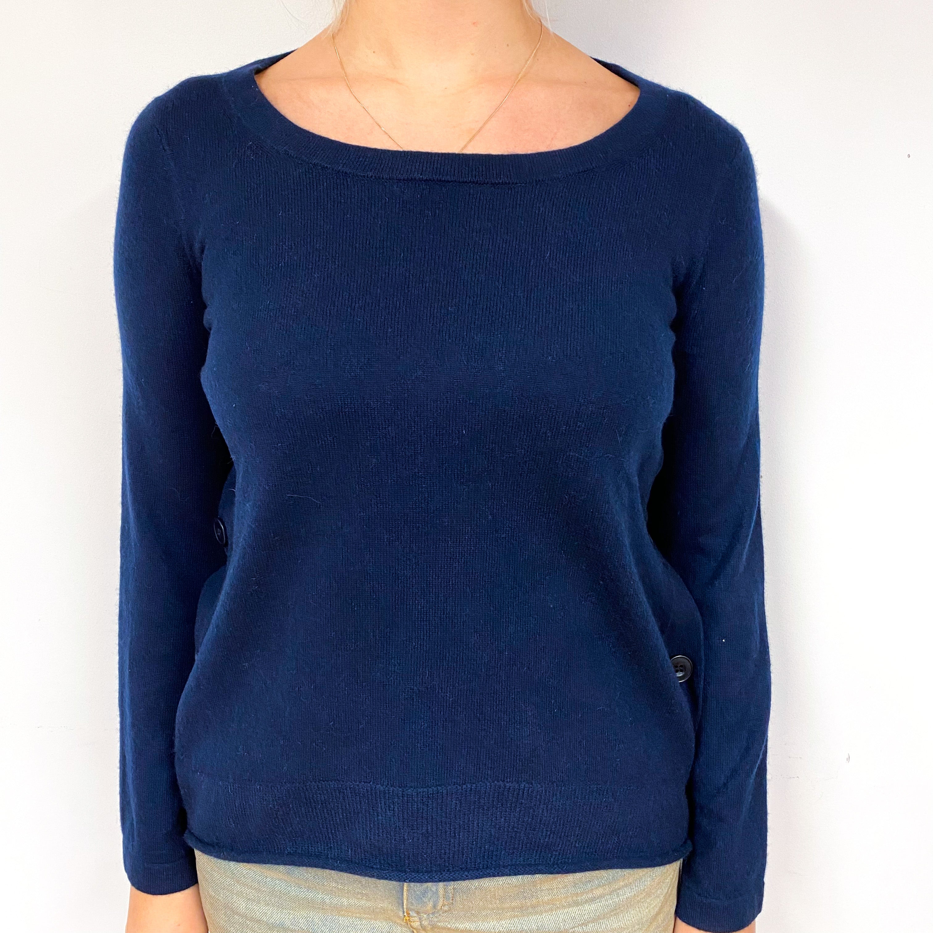 Navy Blue Side Buttoned Cashmere Crew Neck Jumper Small