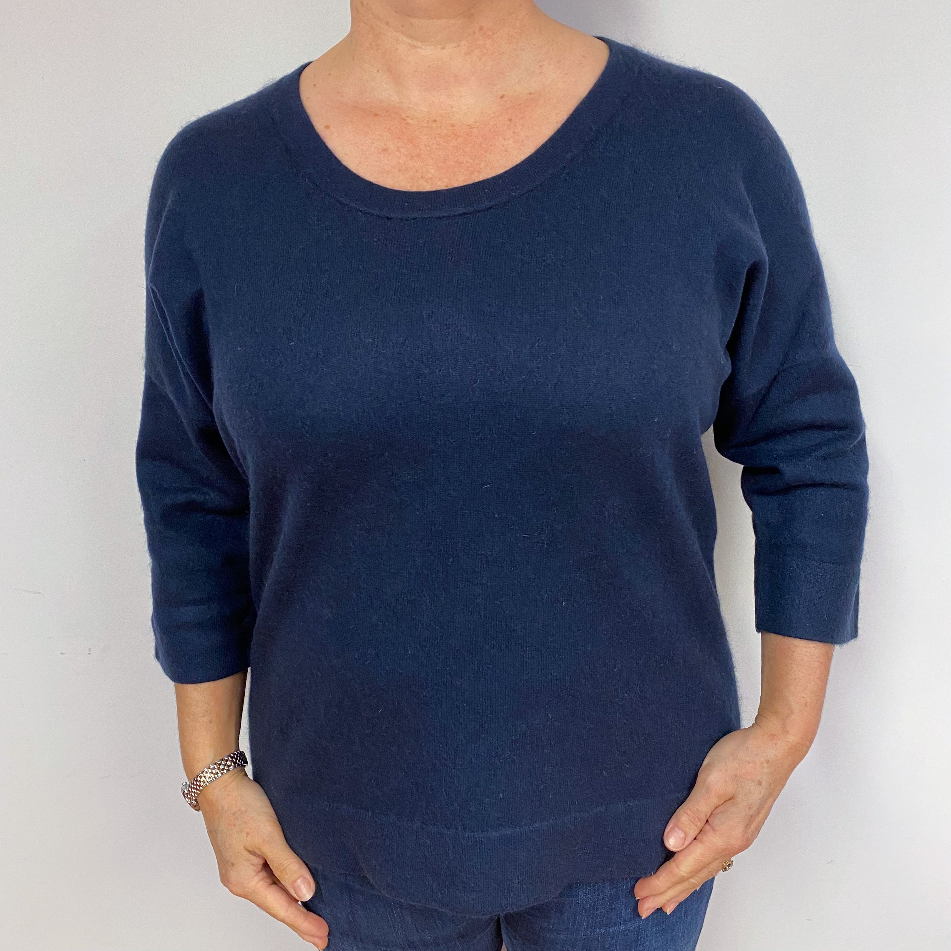 Navy Button Back Cashmere Crew Neck Jumper Large