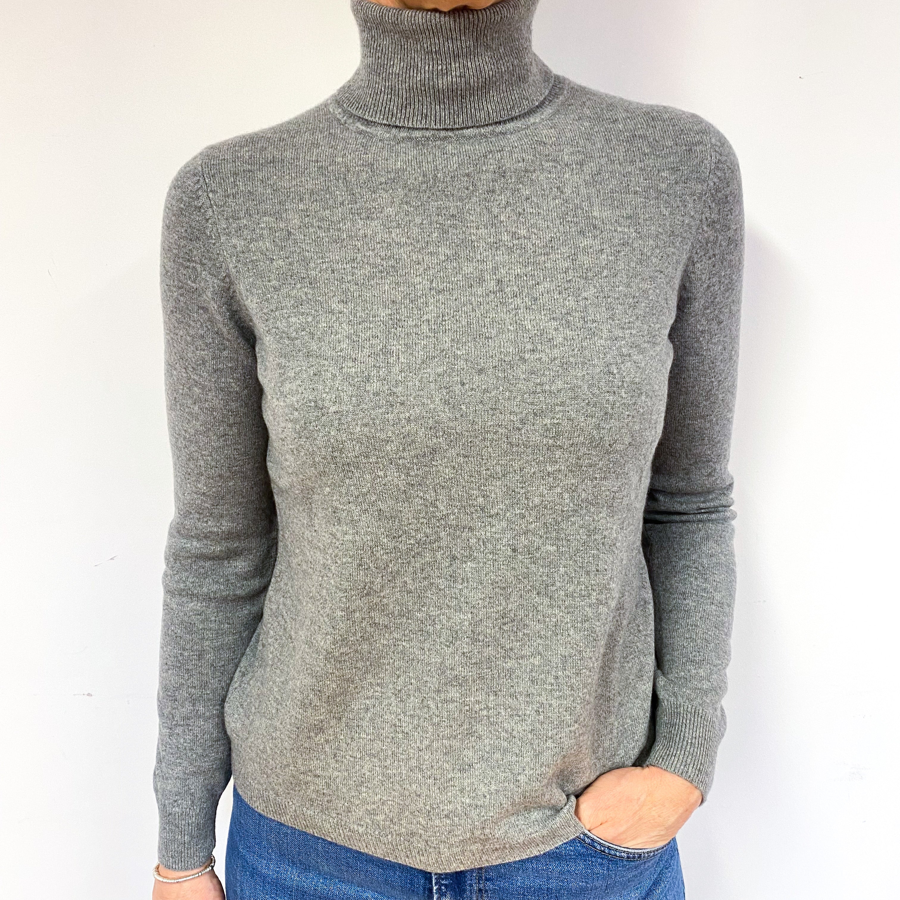 Steel Grey Cashmere Polo Neck Jumper Medium