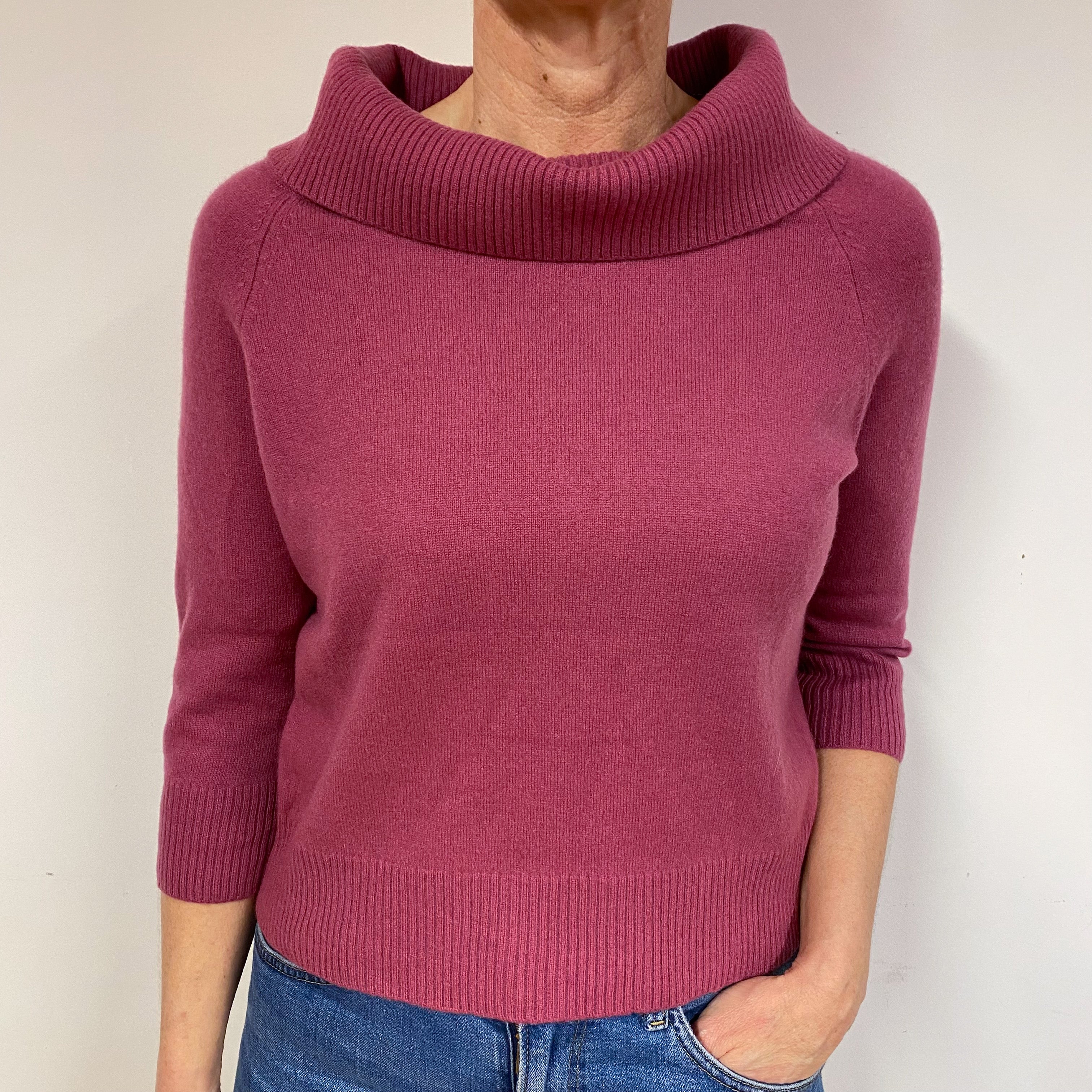 Heather Pink 3/4 Sleeve Cashmere Roll Neck Jumper Medium