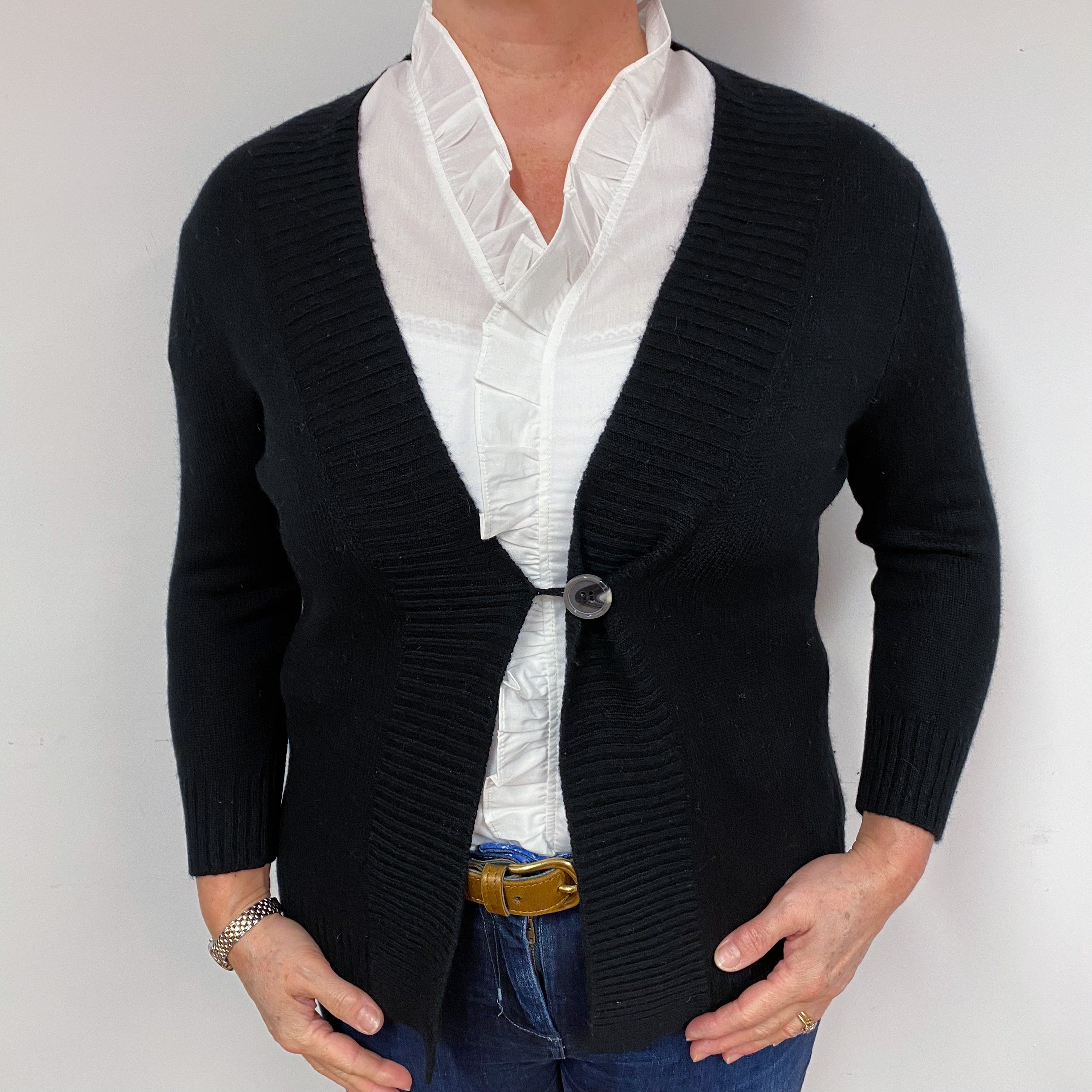 Black 3/4 Sleeve Cashmere V-Neck Cardigan Large