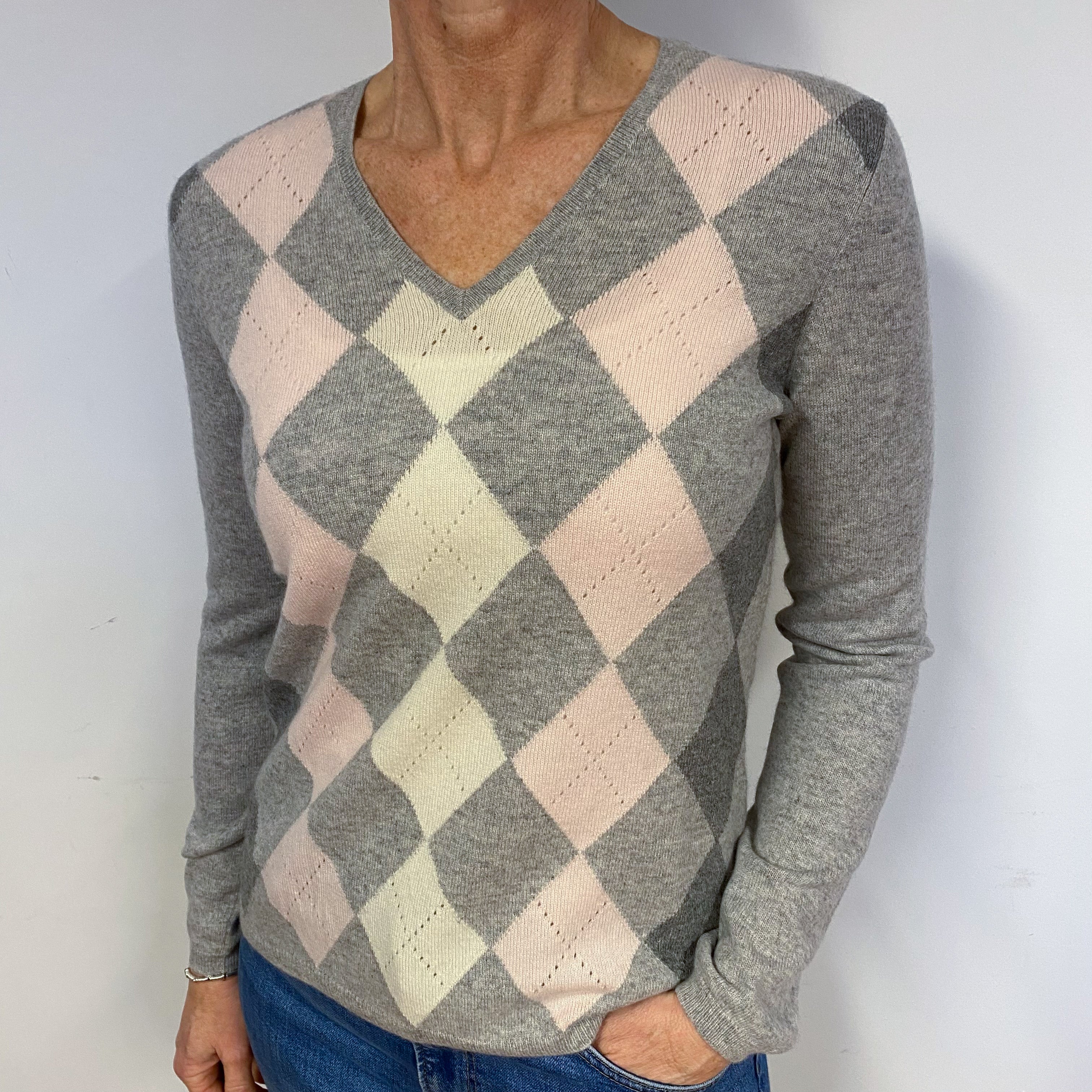 Grey Diamond Cashmere V-Neck Jumper M