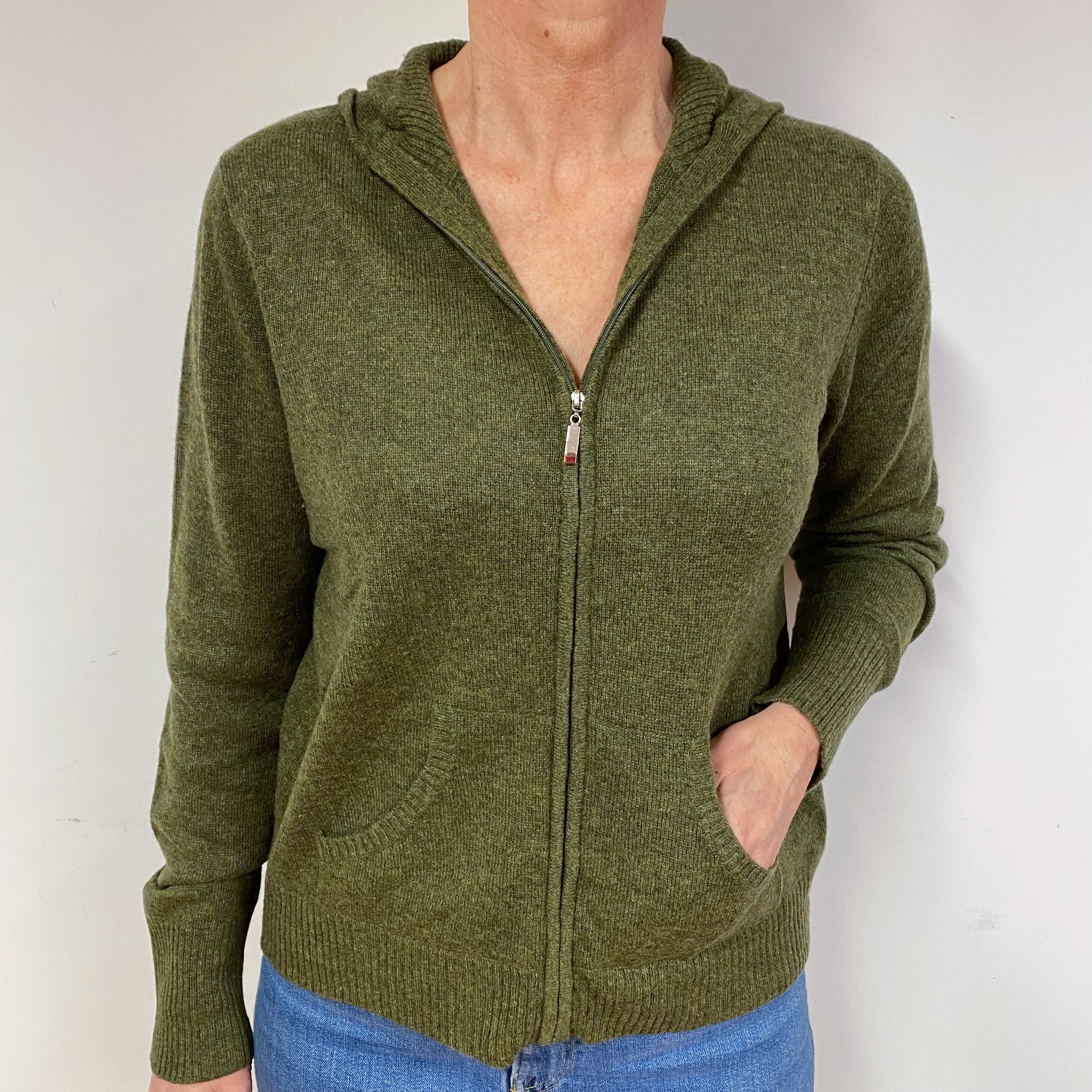 Moss Green Slouchy Cashmere Hoodie Jumper Medium