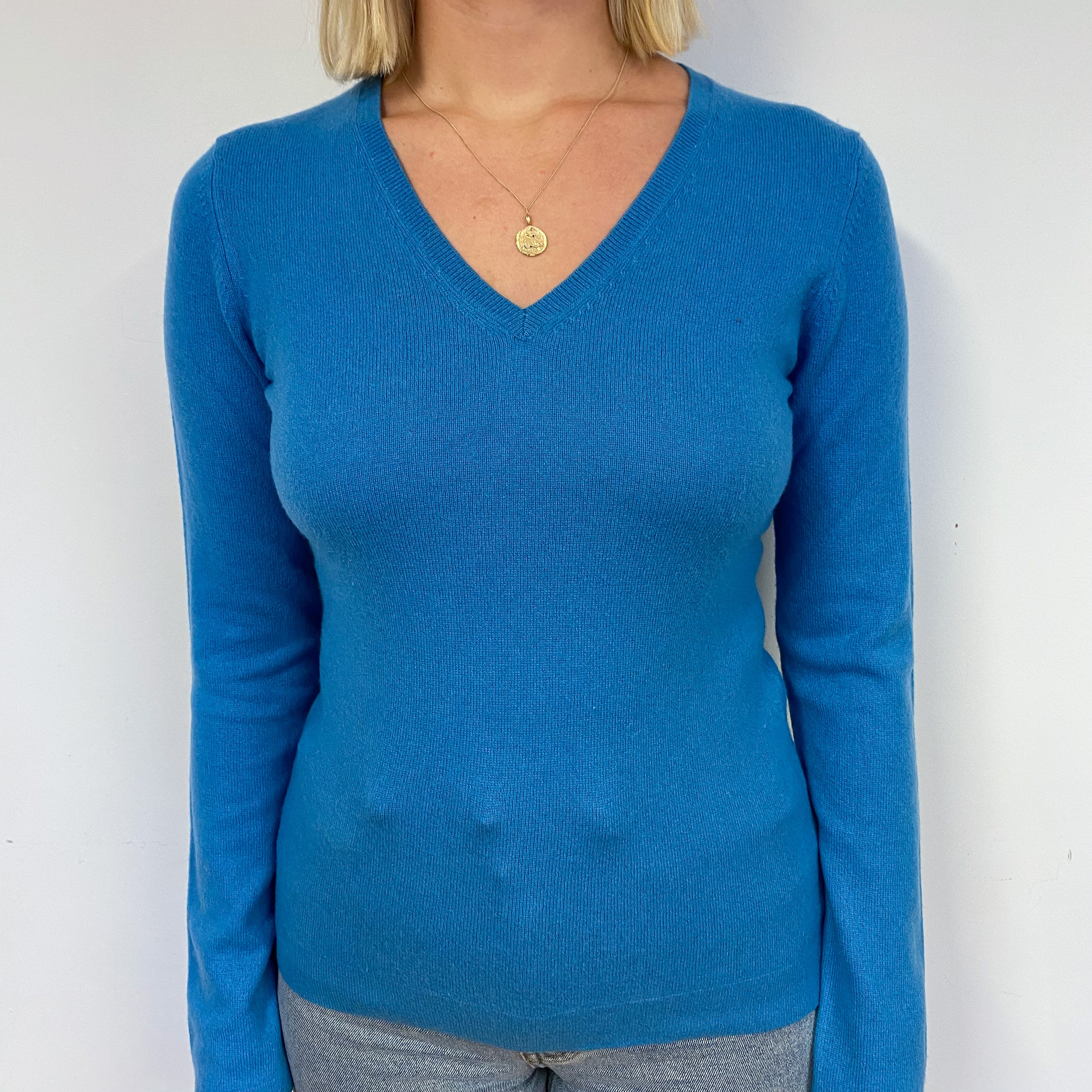 Ocean Blue Cashmere V-Neck Jumper Small