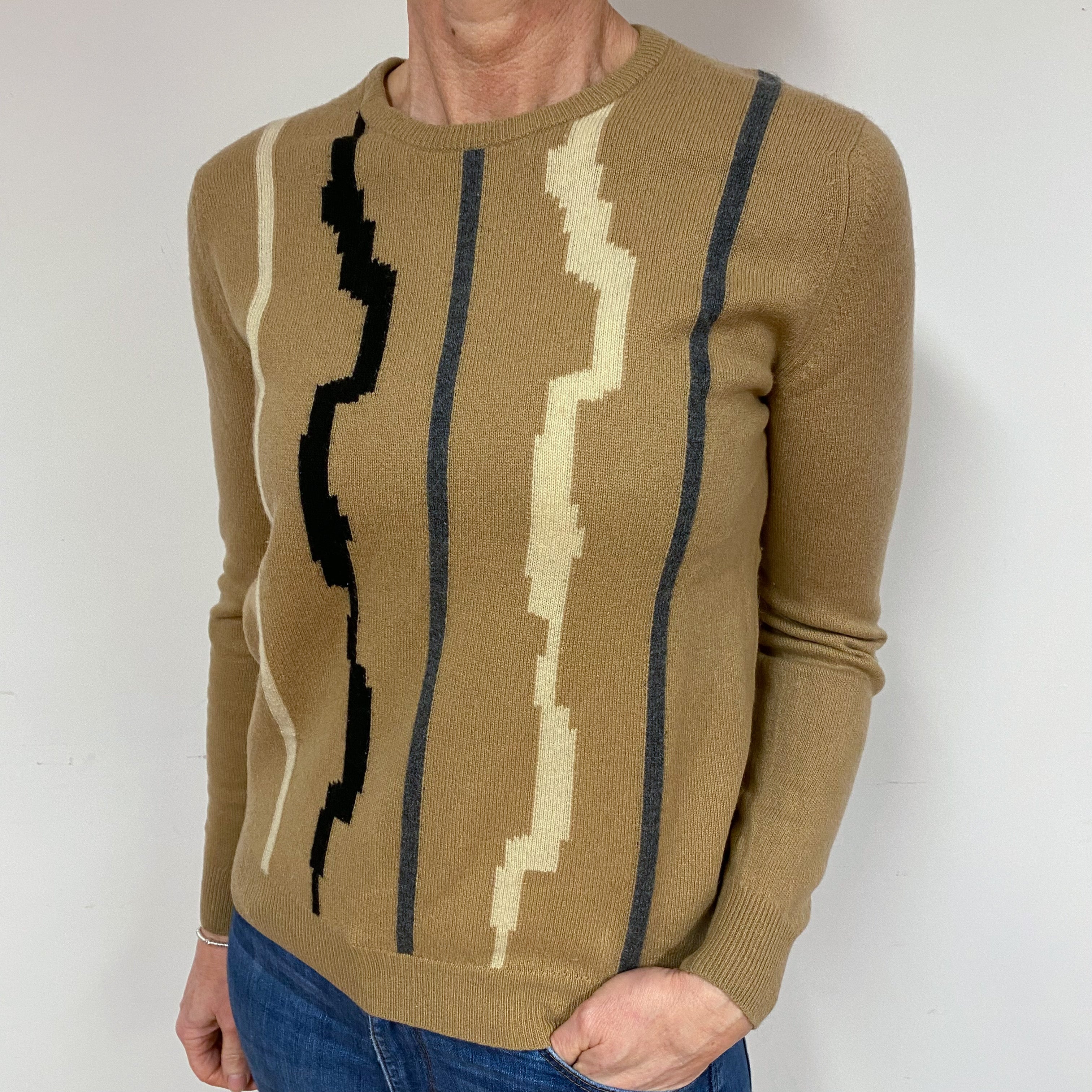 Vintage Caramel Patterned Cashmere Crew Neck Jumper
