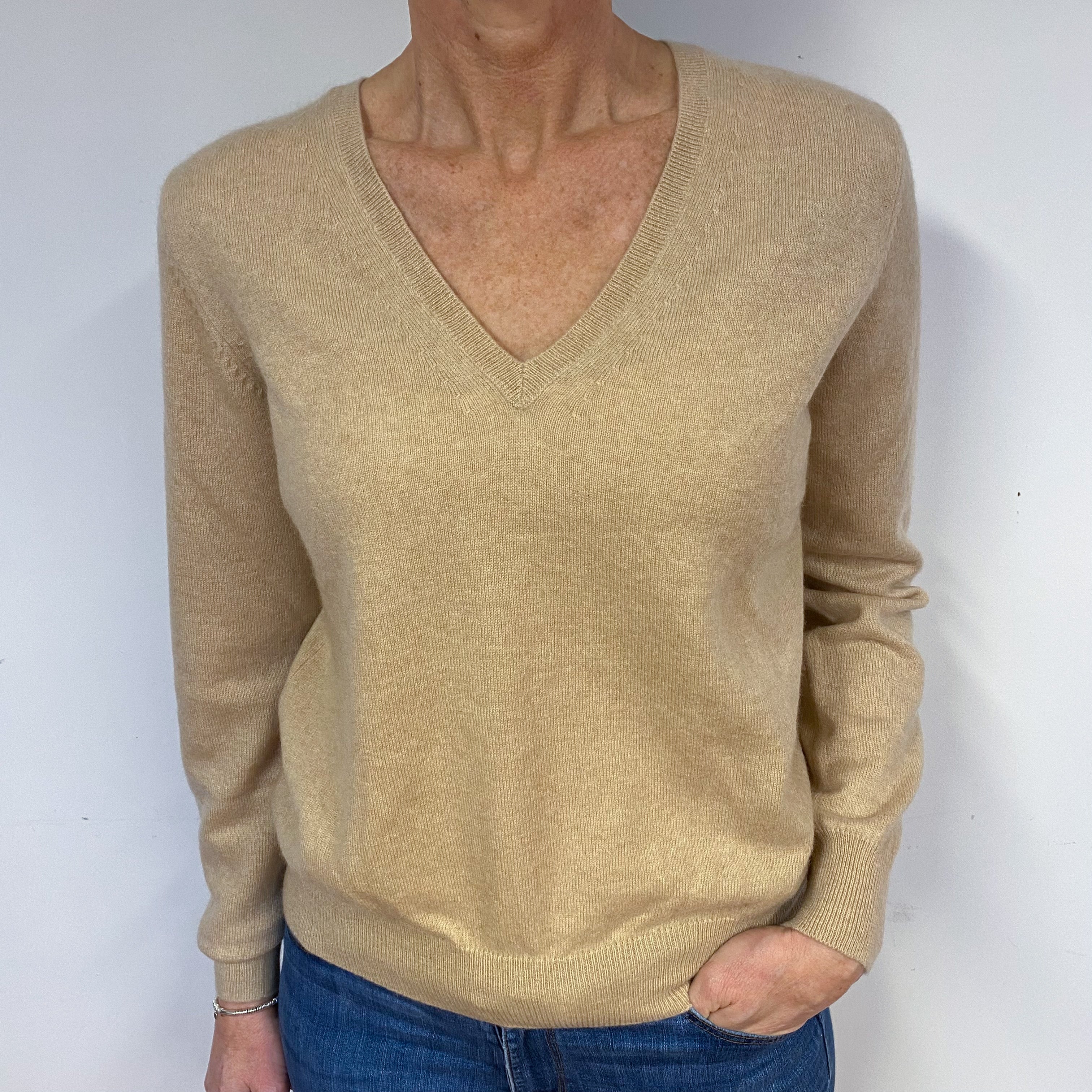 Sand Beige Cashmere V-Neck Jumper Medium