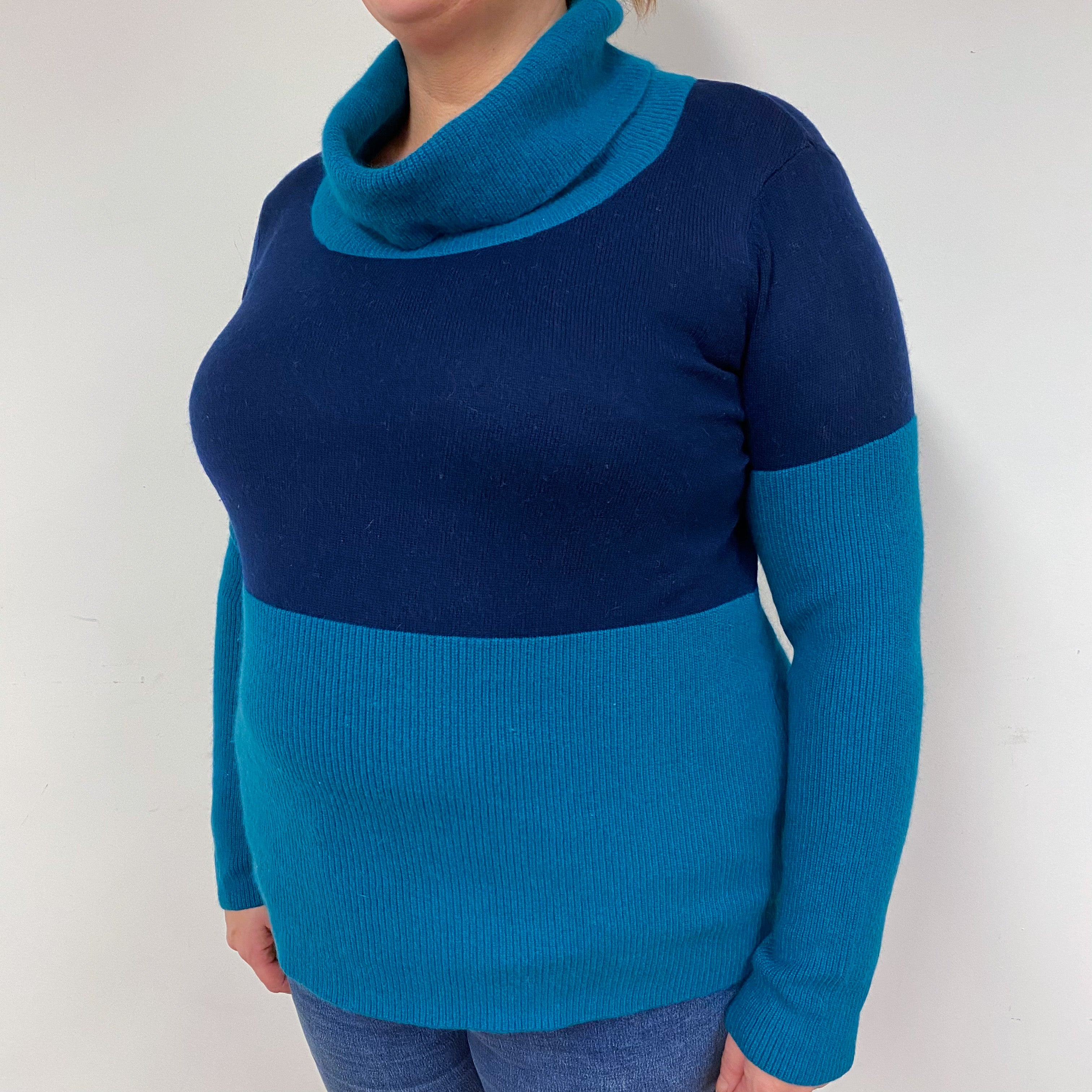 Navy and Dark Green Cashmere Polo Neck Jumper Extra Large
