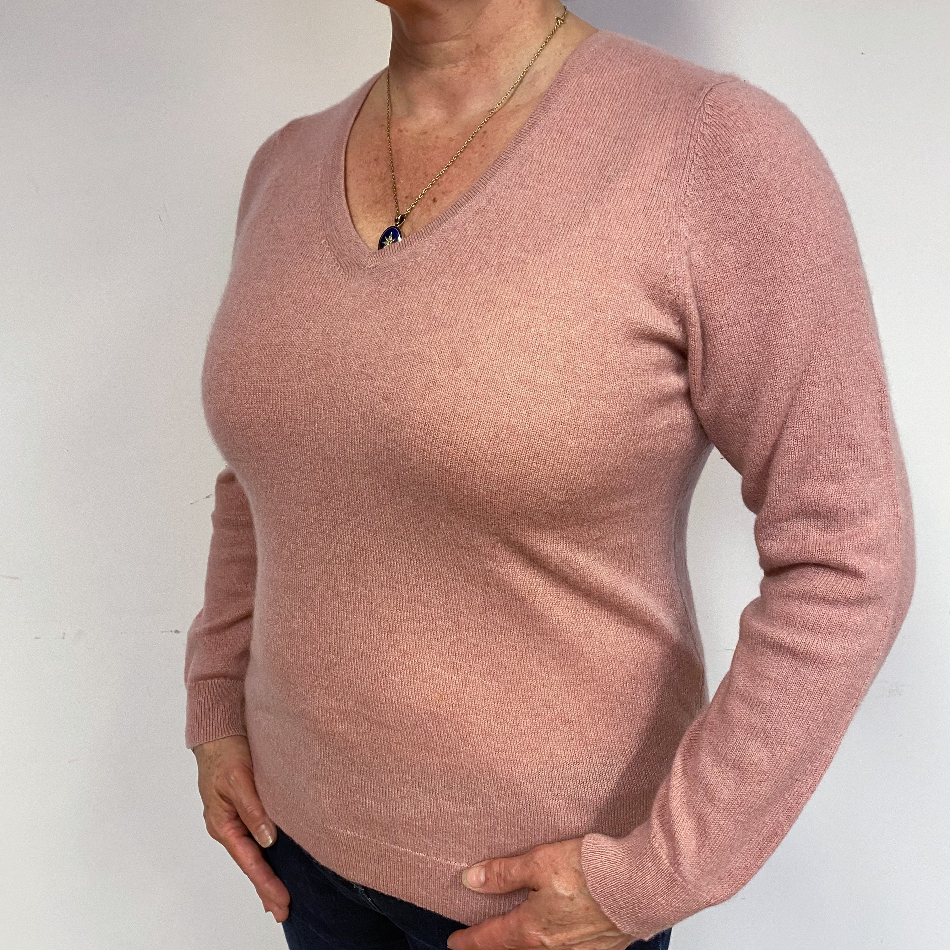 Blush Pink Cashmere V-Neck Jumper Large