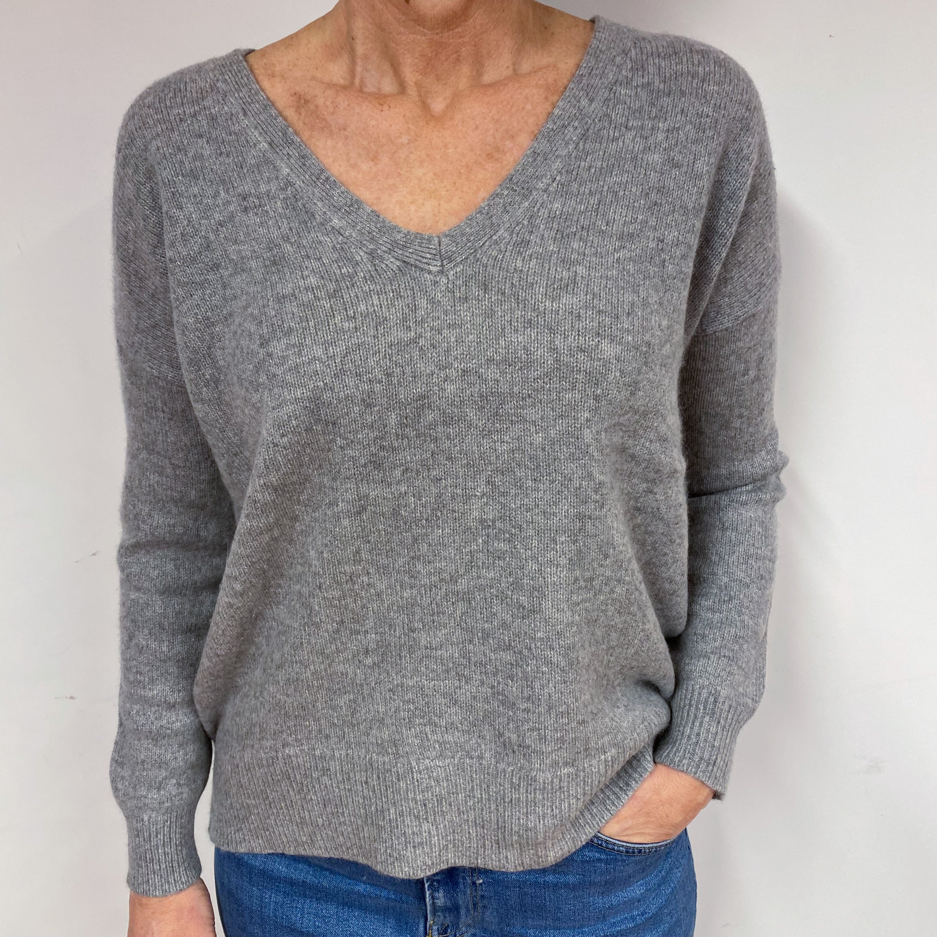 Slouchy Ash Grey Cashmere V-Neck Jumper Medium