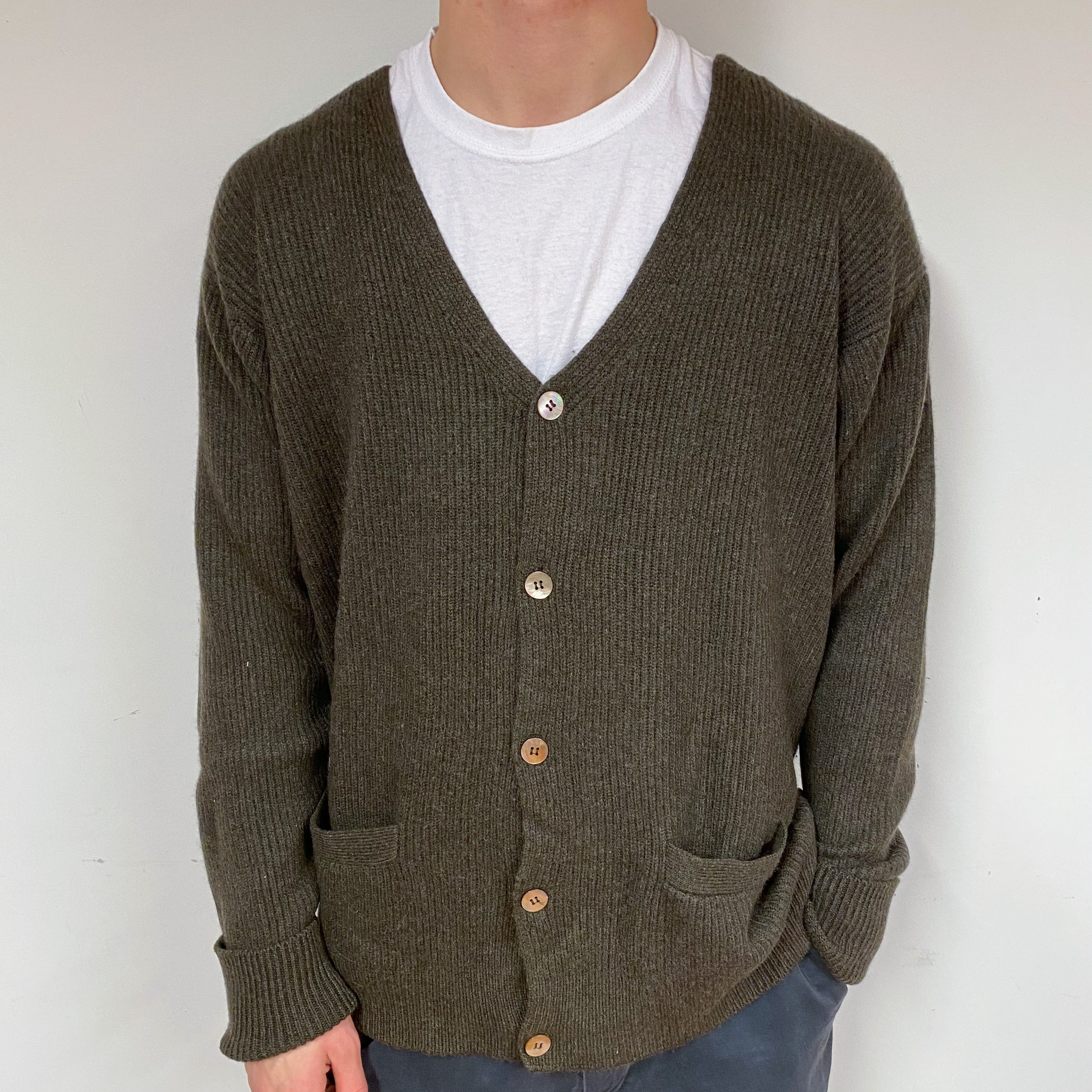 Men's Chunky Rib Vintage Chocolate Cashmere Cardigan Large