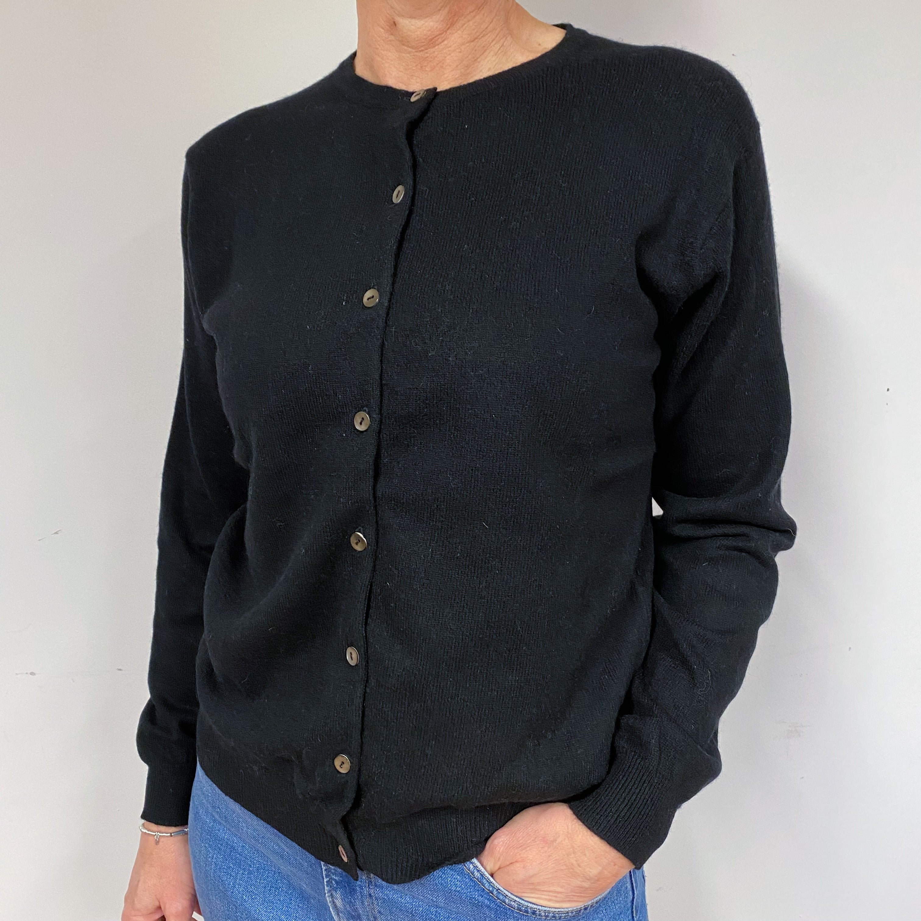 Black Cashmere Crew Neck Cardigan Medium