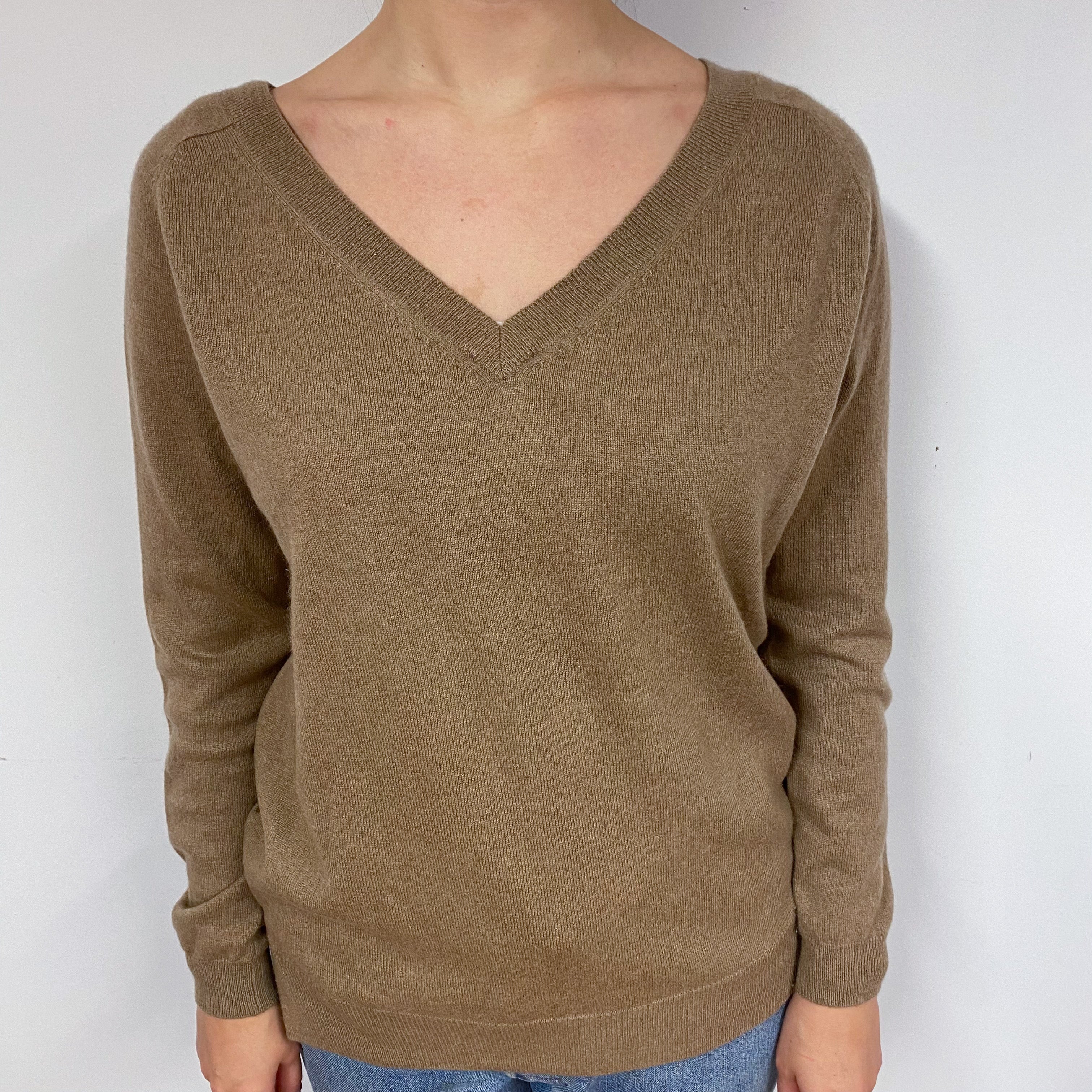 Camel Brown Slouchy Cashmere V-Neck Jumper Small