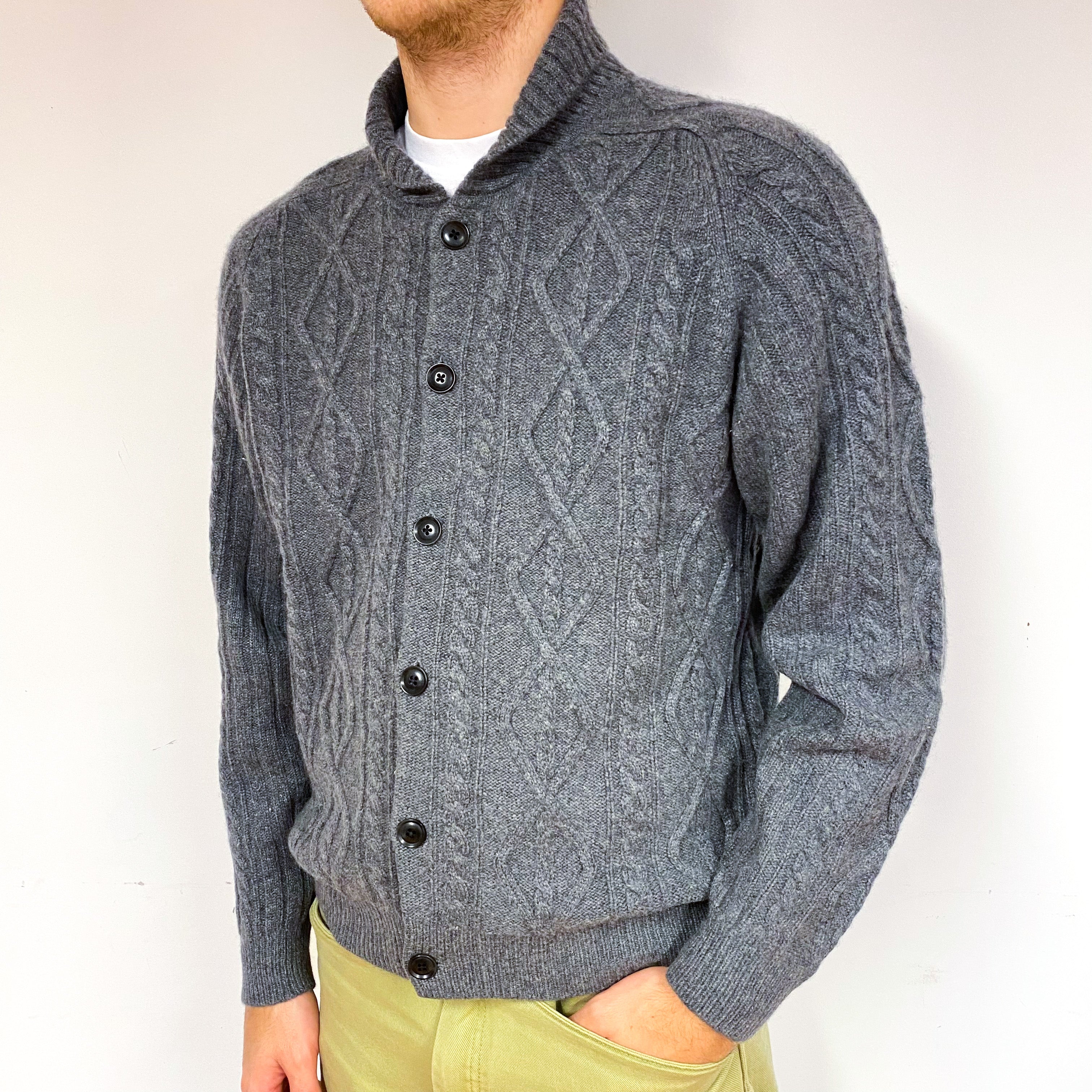 Men's Slate Grey Cashmere Chunky Cable Cardigan Medium