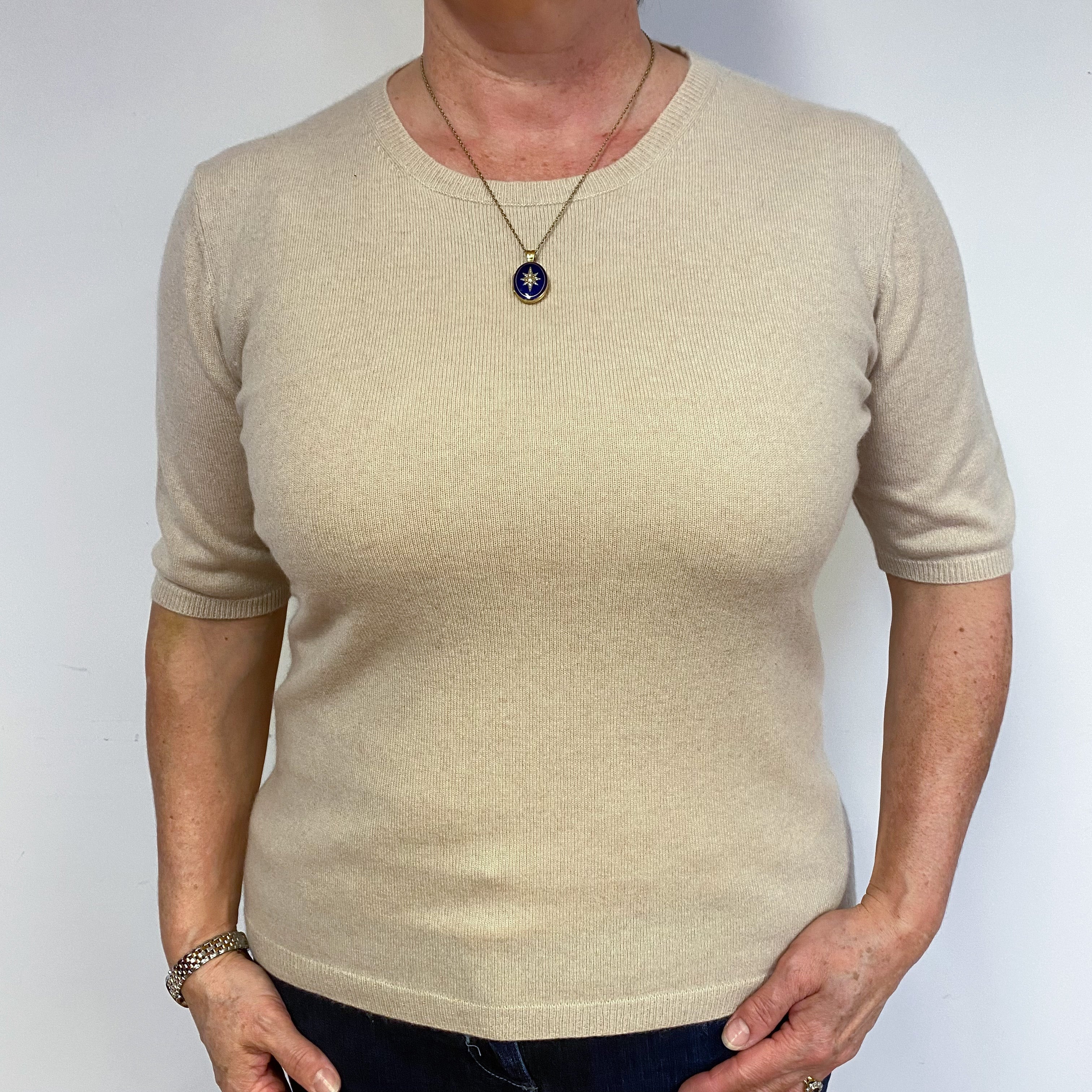 Honey Beige Cashmere Short Sleeved Jumper Large