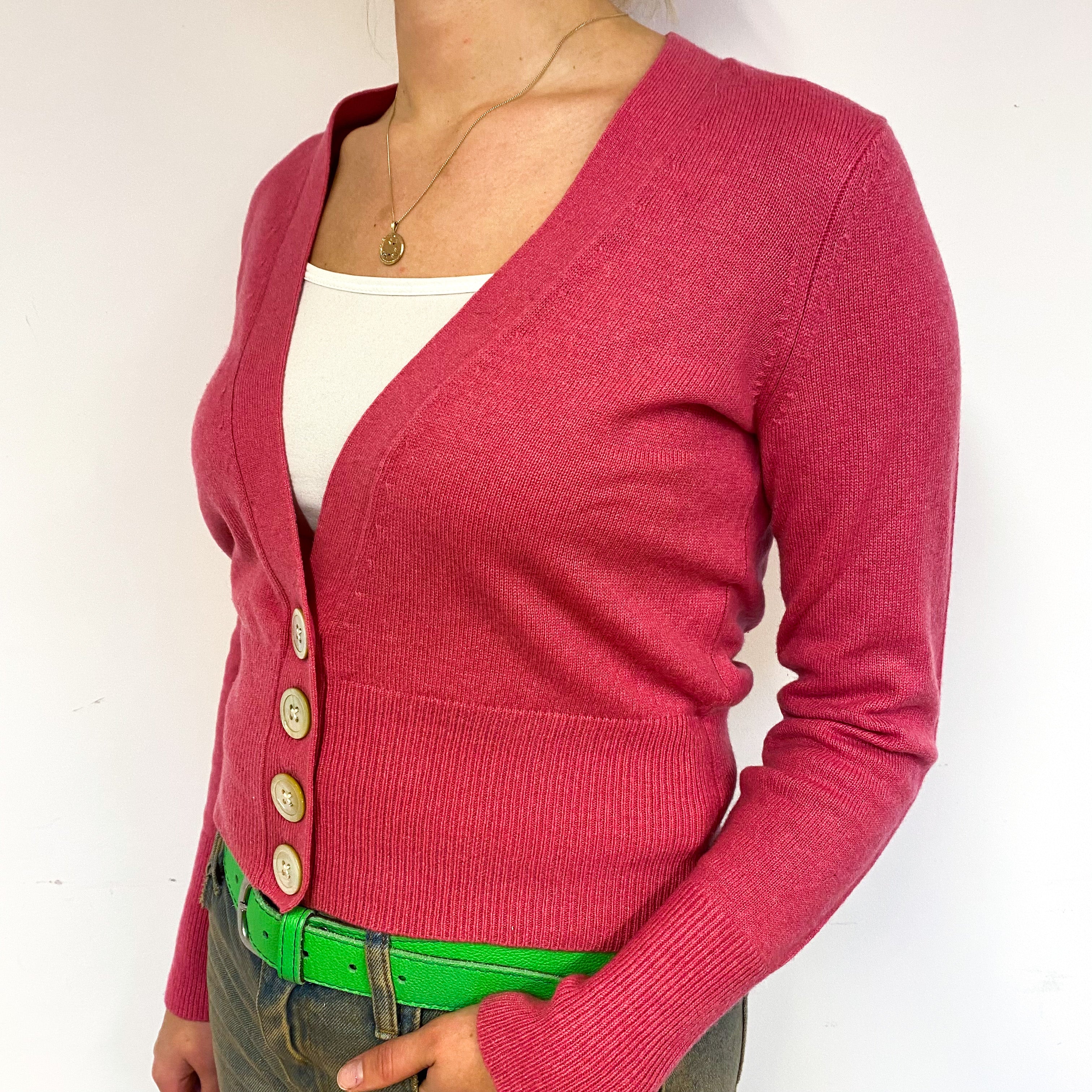 Raspberry Pink Cropped Cashmere V-Neck Cardigan Small