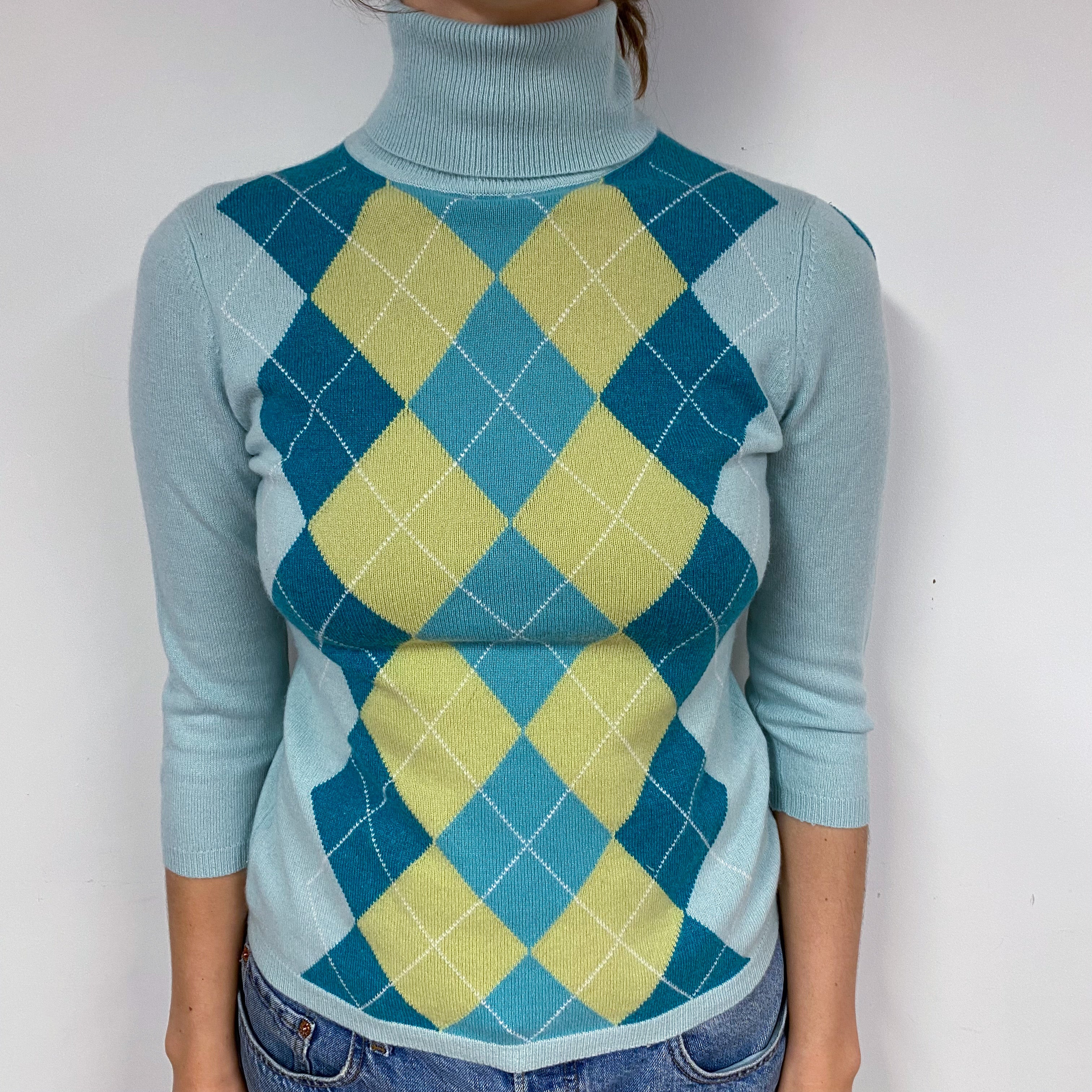 Mint Green Diamond Cashmere Polo Neck Jumper Small
