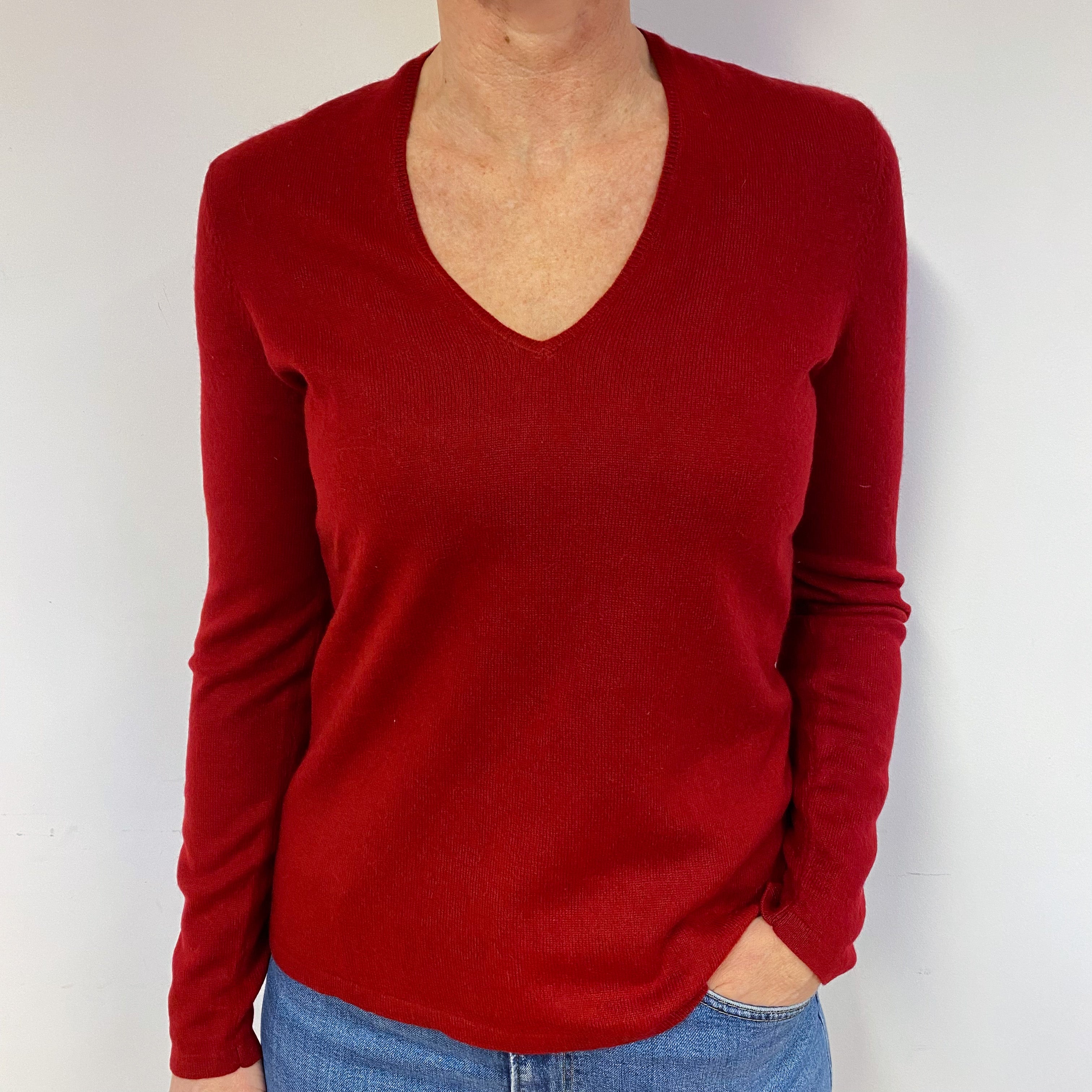 Burgundy Red Cashmere V-Neck Jumper Medium