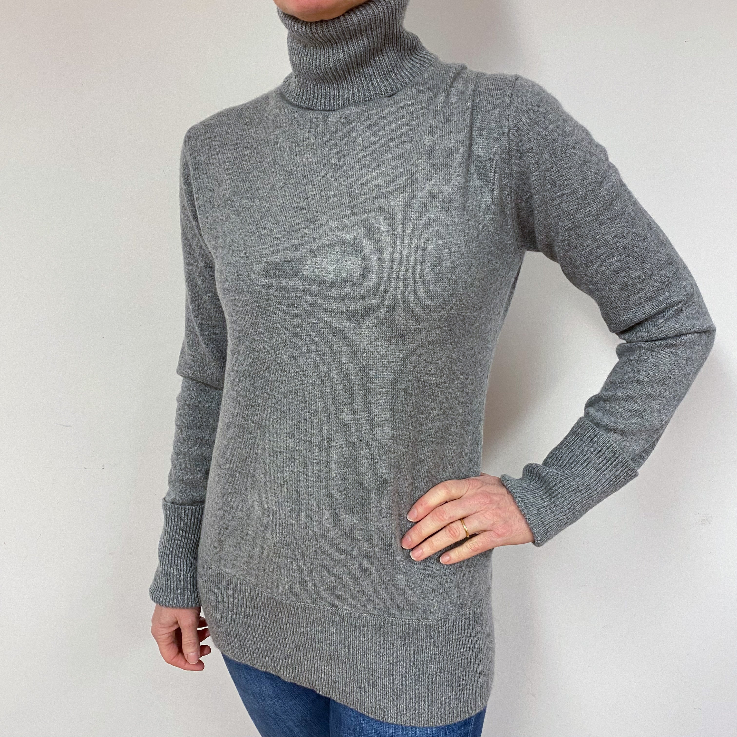 Steel Grey Longline Cashmere Polo Neck Jumper Medium
