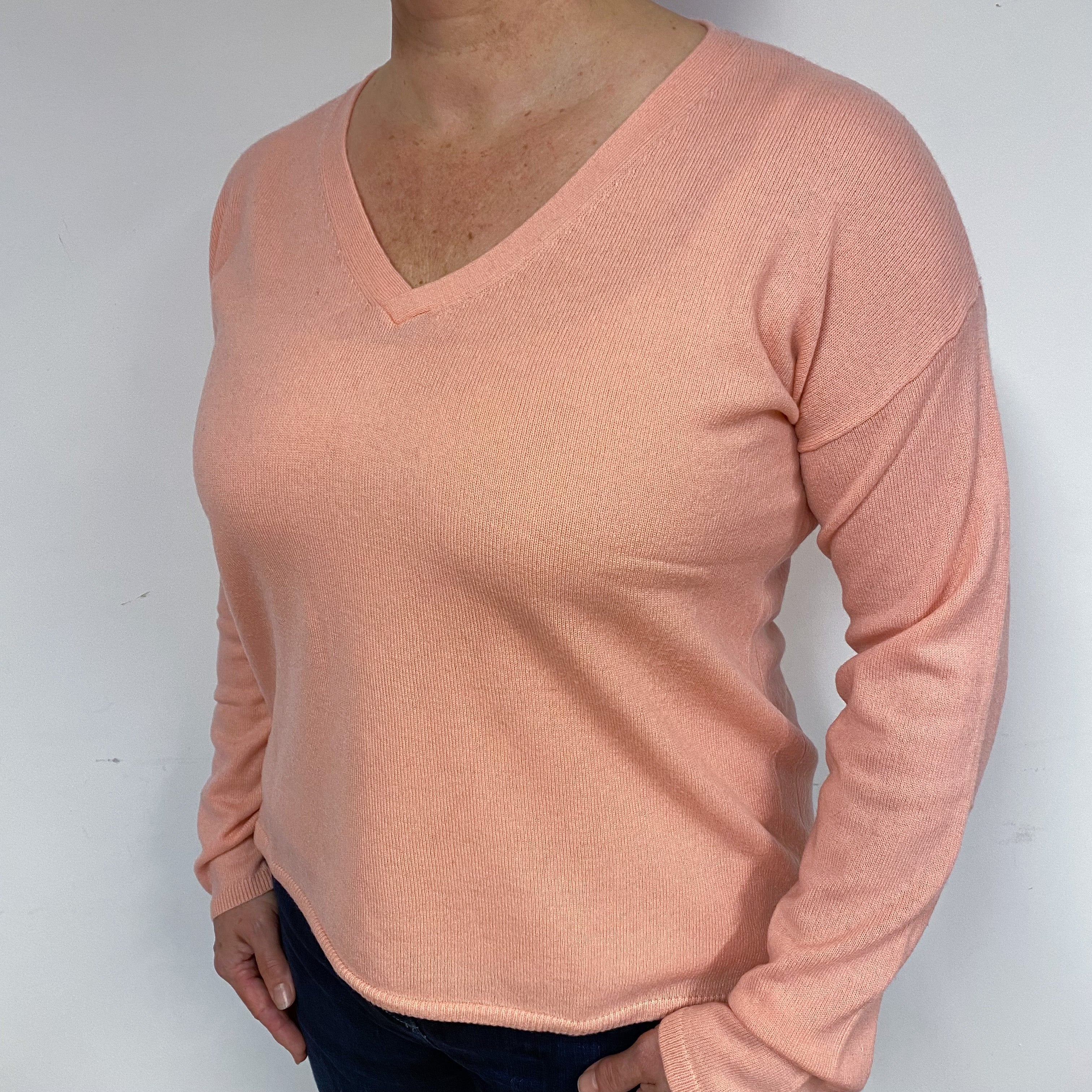 Peach Pink Cashmere V-Neck Jumper Large