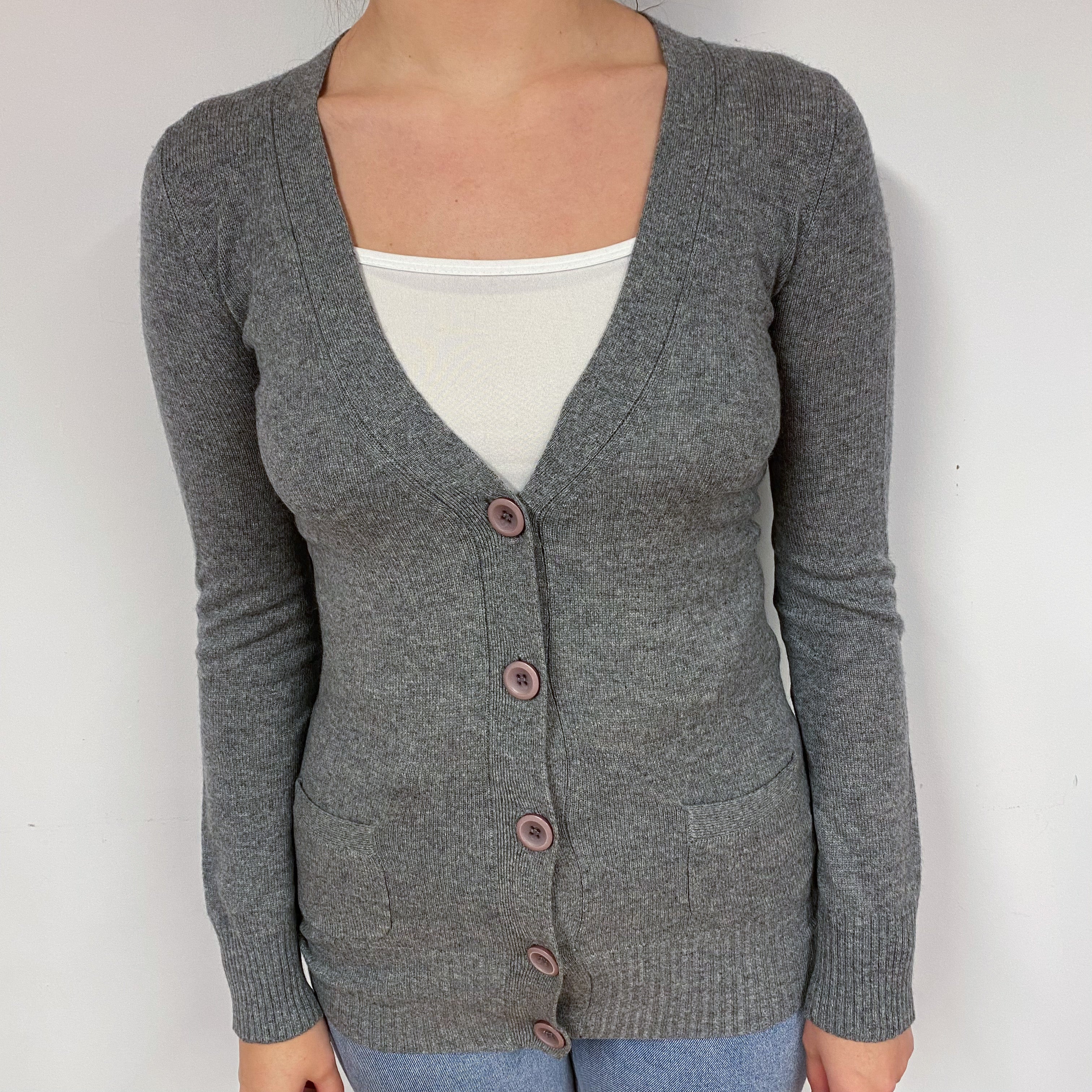 Steel Grey Long Cashmere V-Neck Cardigan Small
