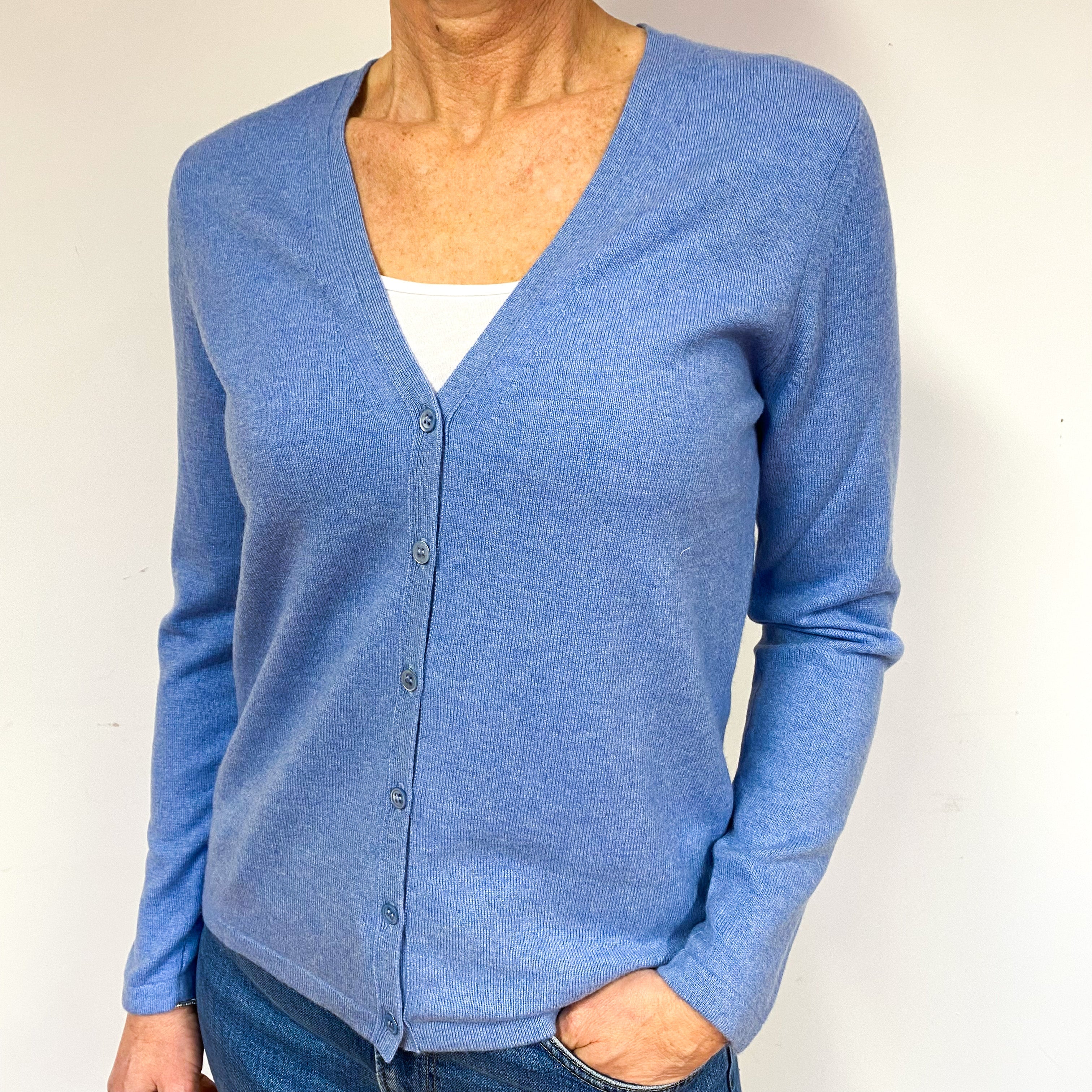 New Pale Denim Blue Cashmere V-Neck Cardigan Medium