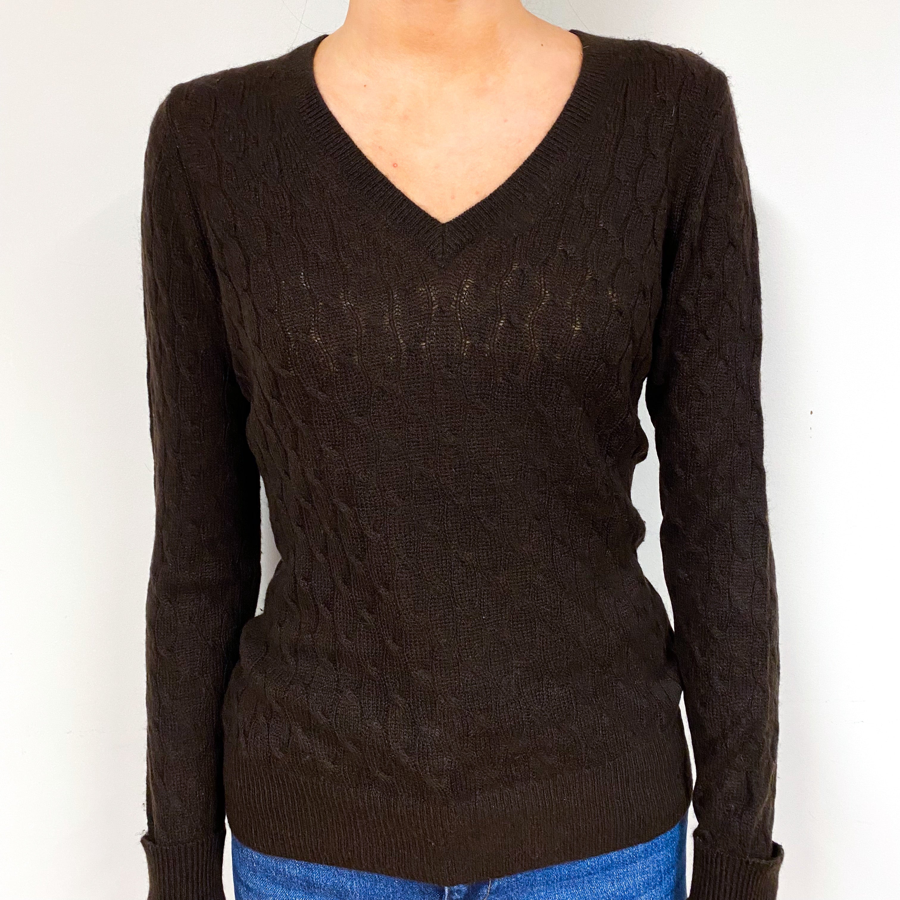 Chocolate Brown Cable Cashmere V-Neck Jumper Extra Small