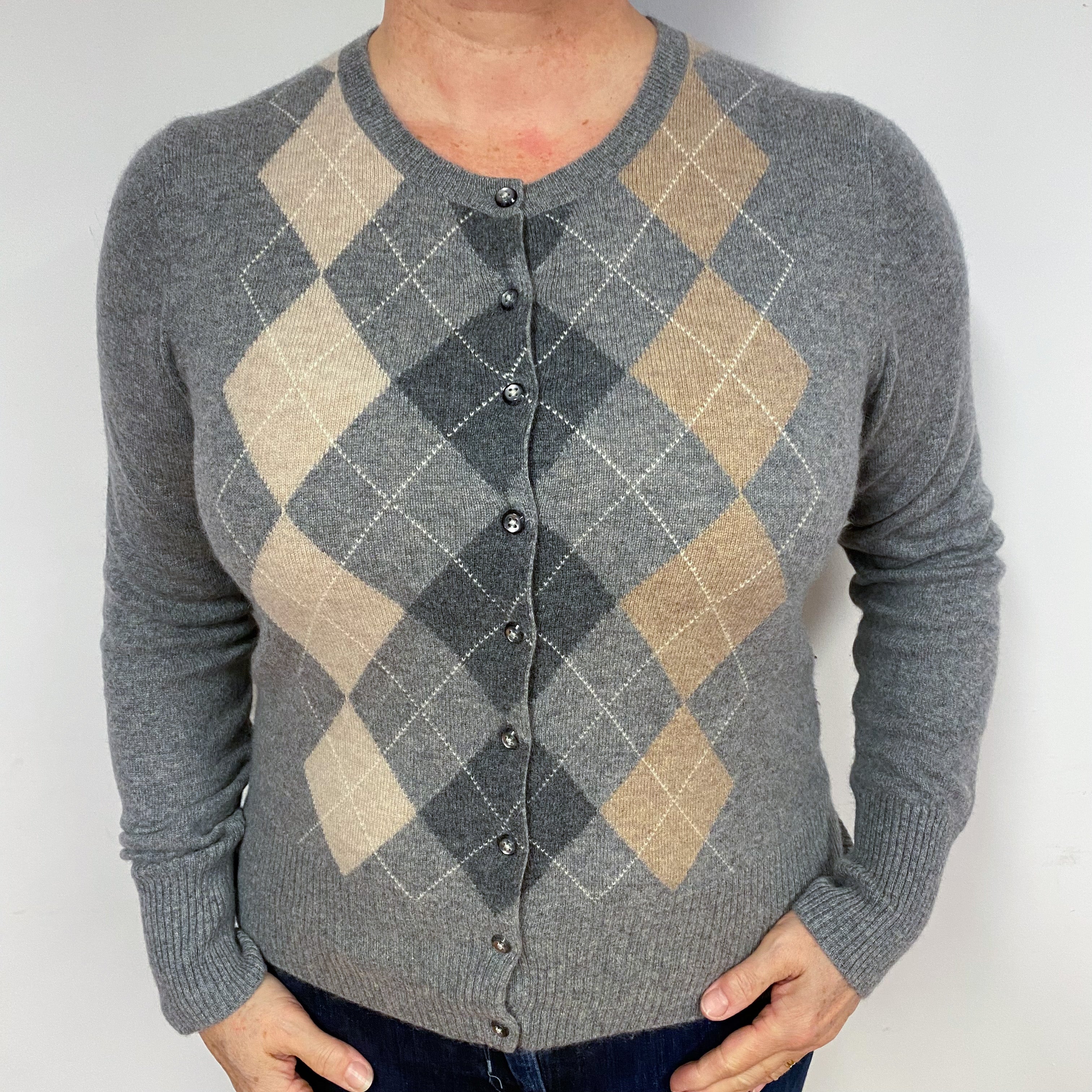 Grey Beige Diamond Cashmere Crew Neck Cardigan Large