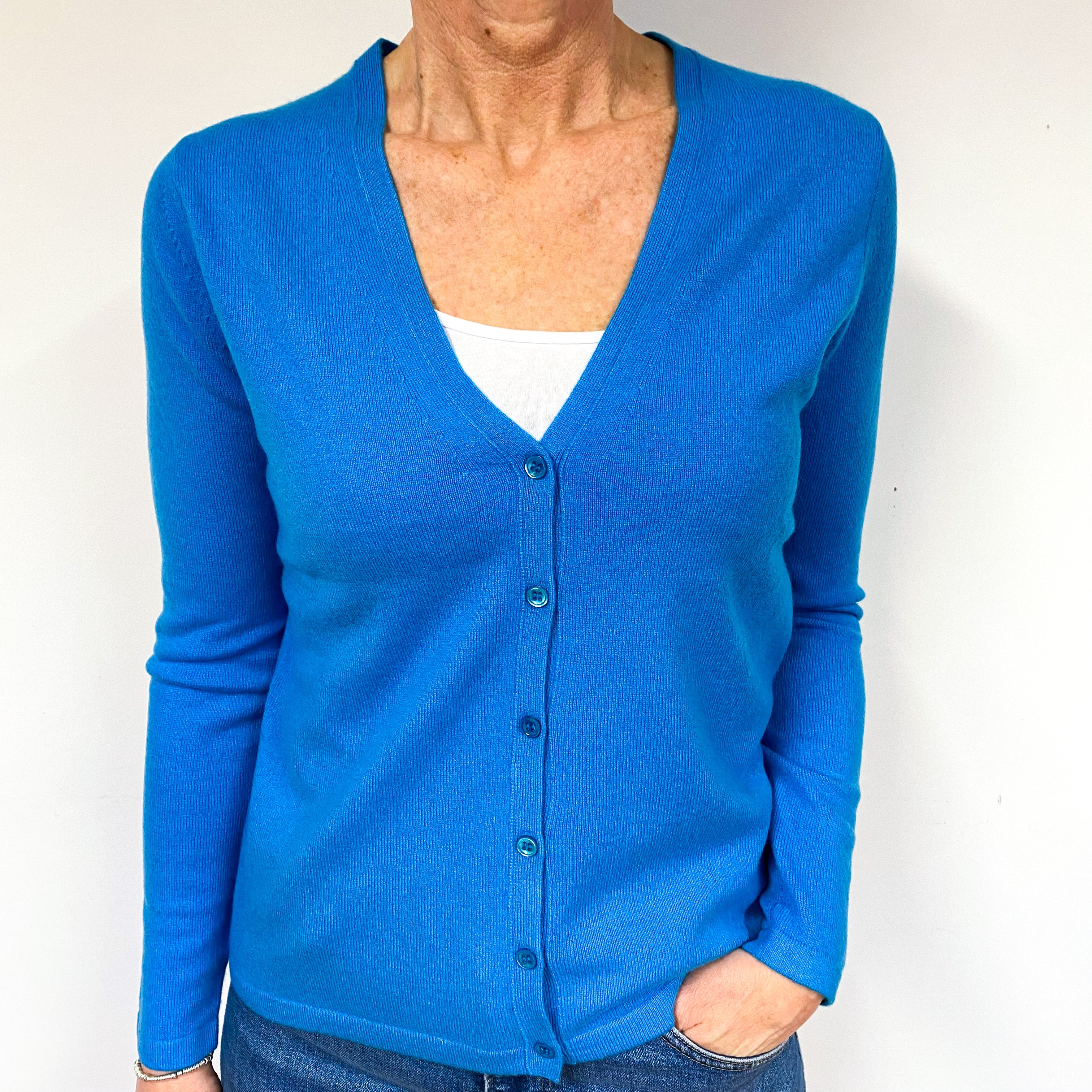 Deep Aqua Blue Cashmere V- Neck Cardigan Medium