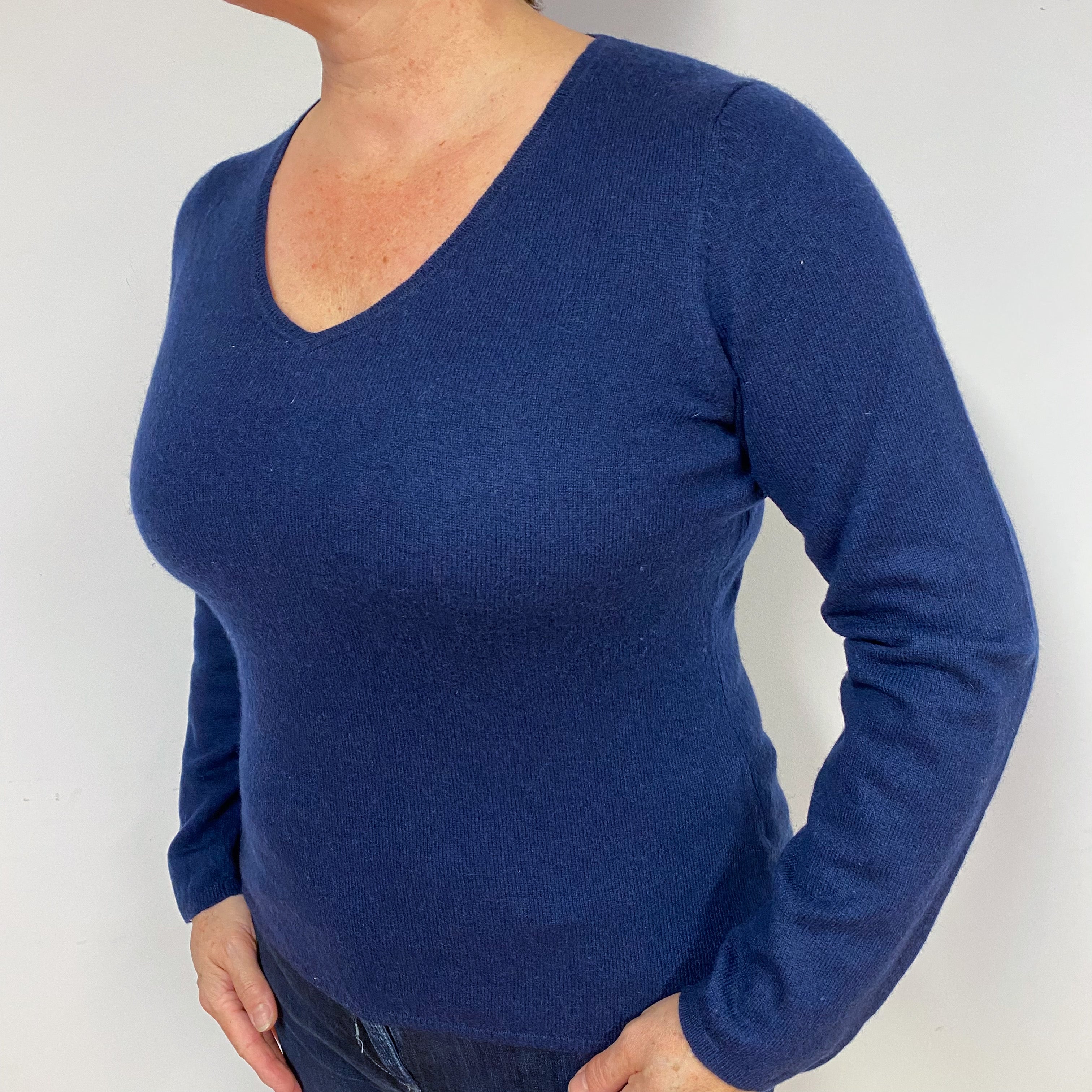Navy Blue Cashmere V-Neck Jumper Large