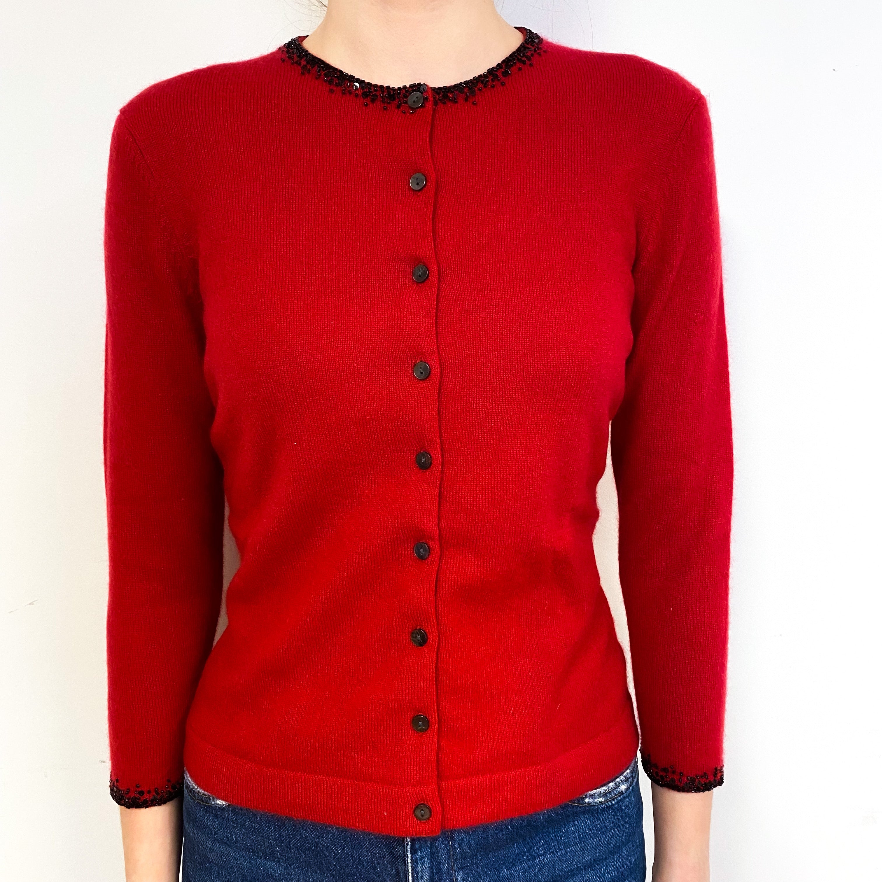 Red Embellished Cashmere Crew NeckCardigan Extra Small