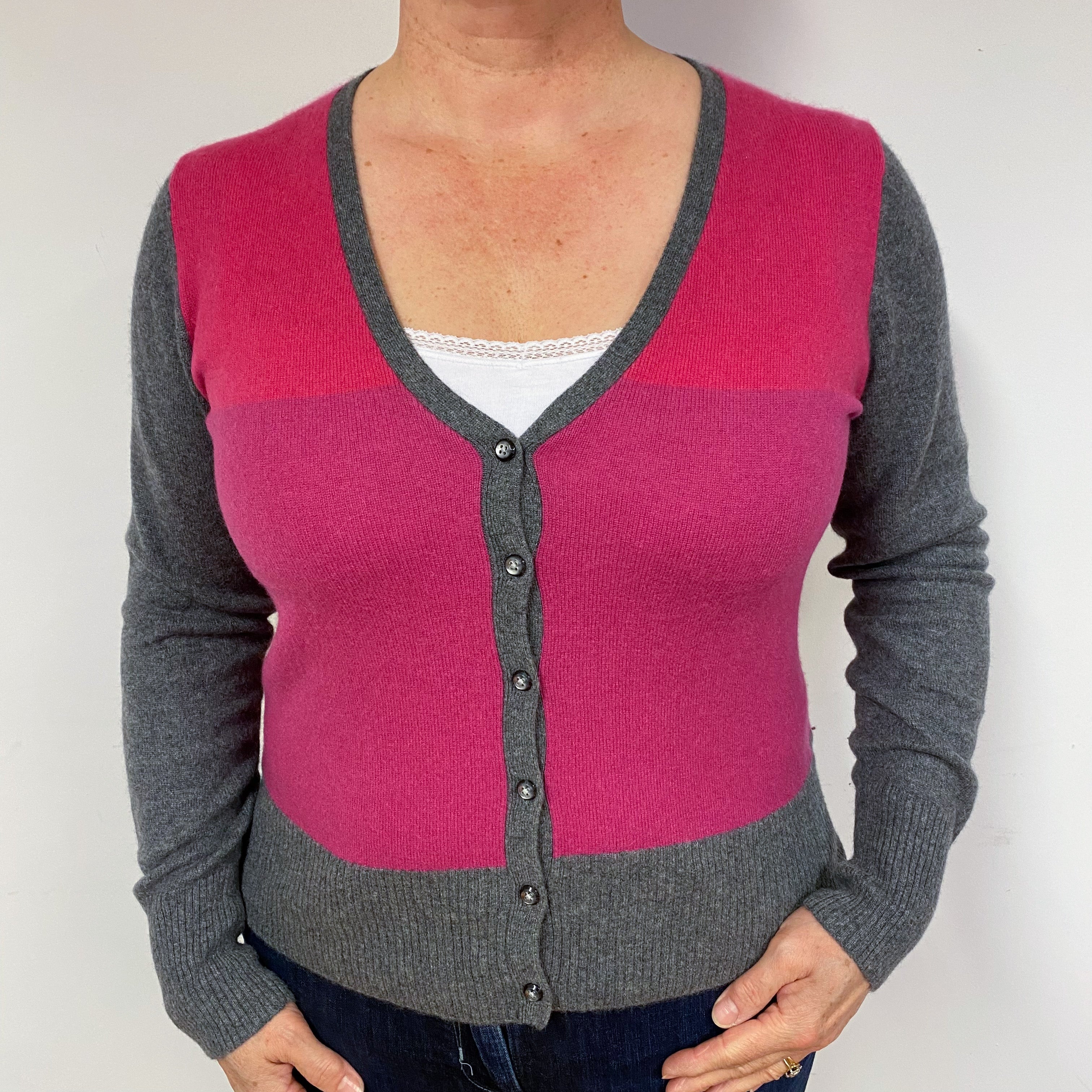 Pink and Grey Cashmere V-Neck Cardigan Large