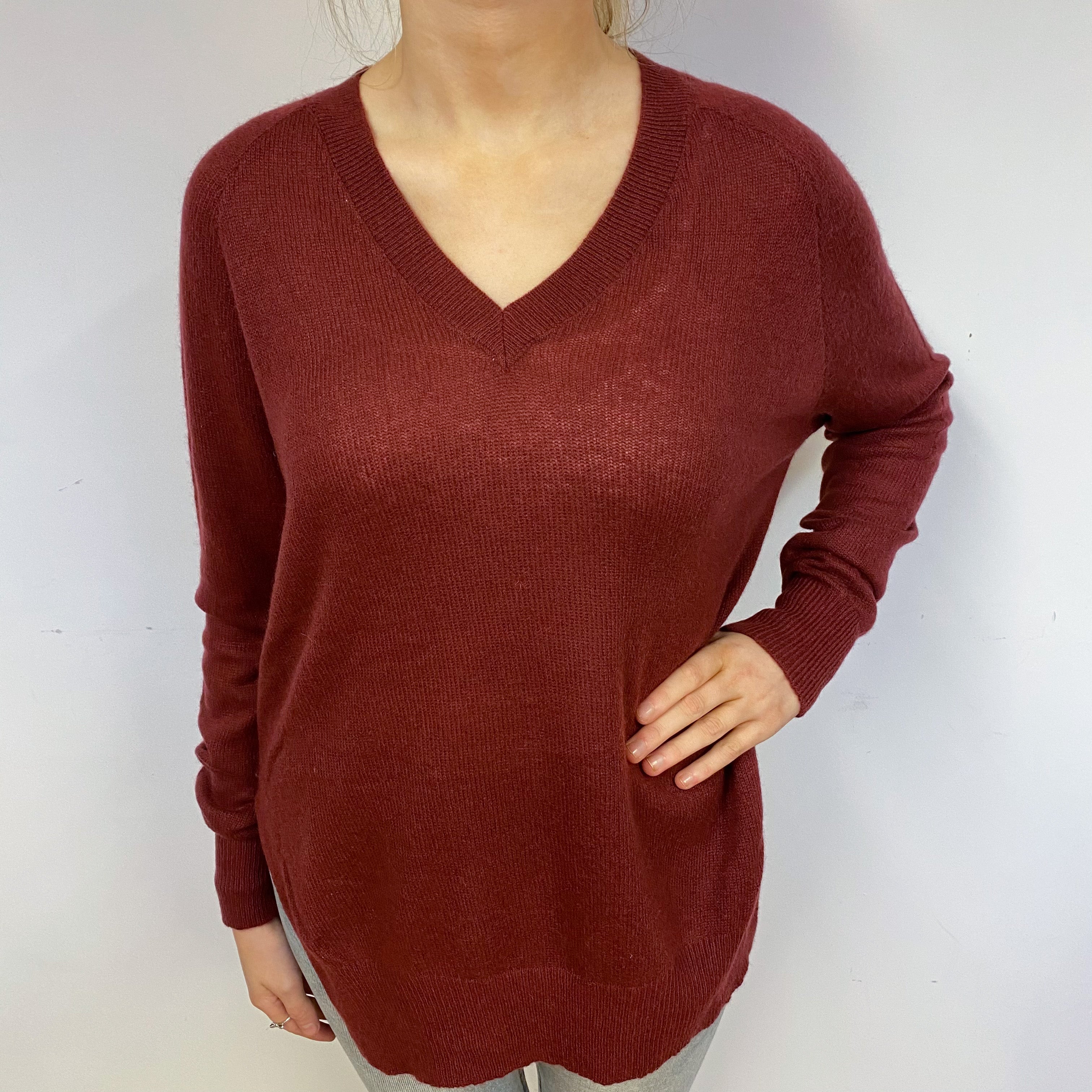 Slouchy Maroon Red Cashmere V-Neck Jumper Small