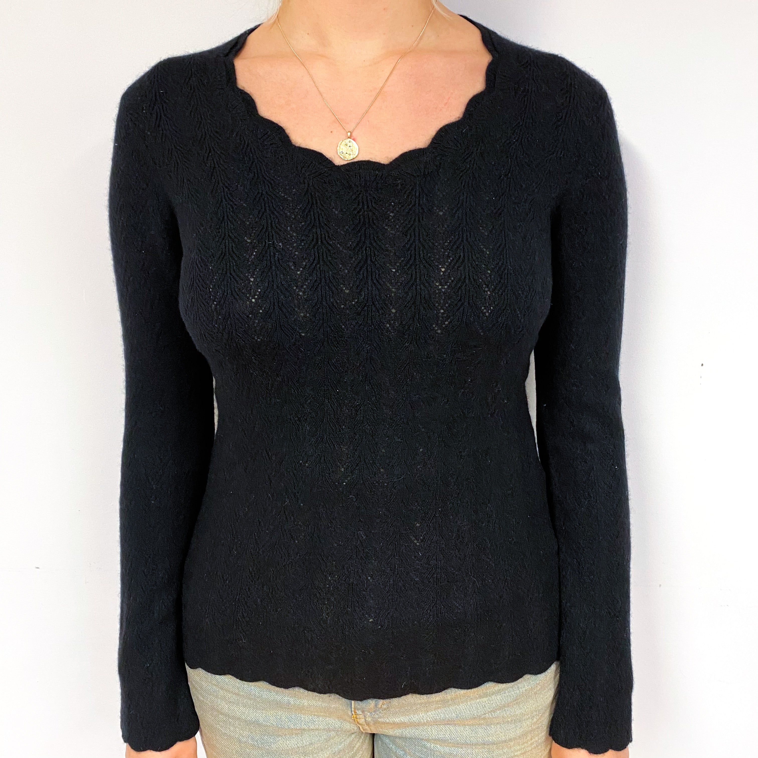 Black Lace Knit Cashmere Crew Neck Jumper Small