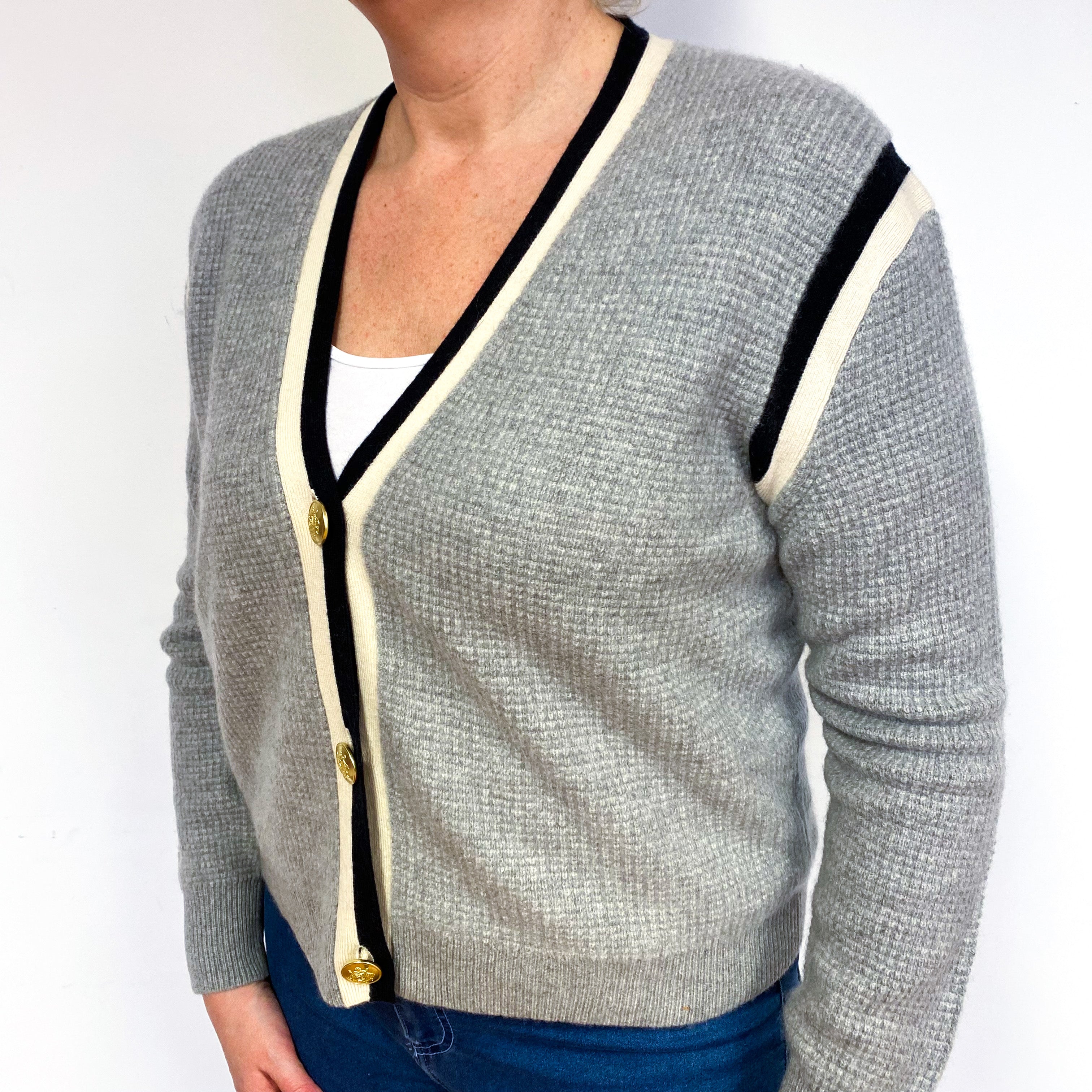 Smoke Grey Waffle Cashmere V-Neck Cardigan Large