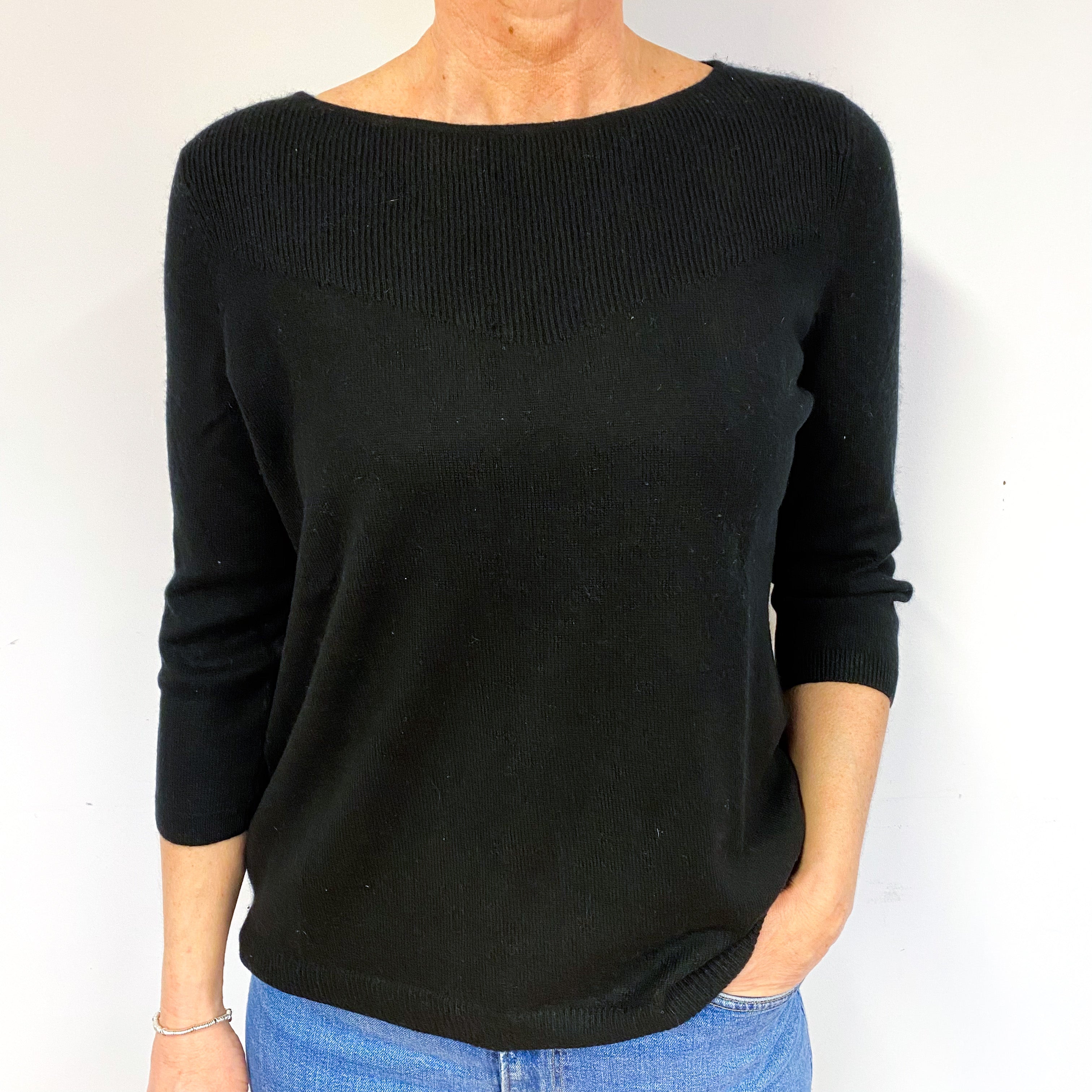 Black 3/4 Sleeve Cashmere Crew Neck Jumper Medium
