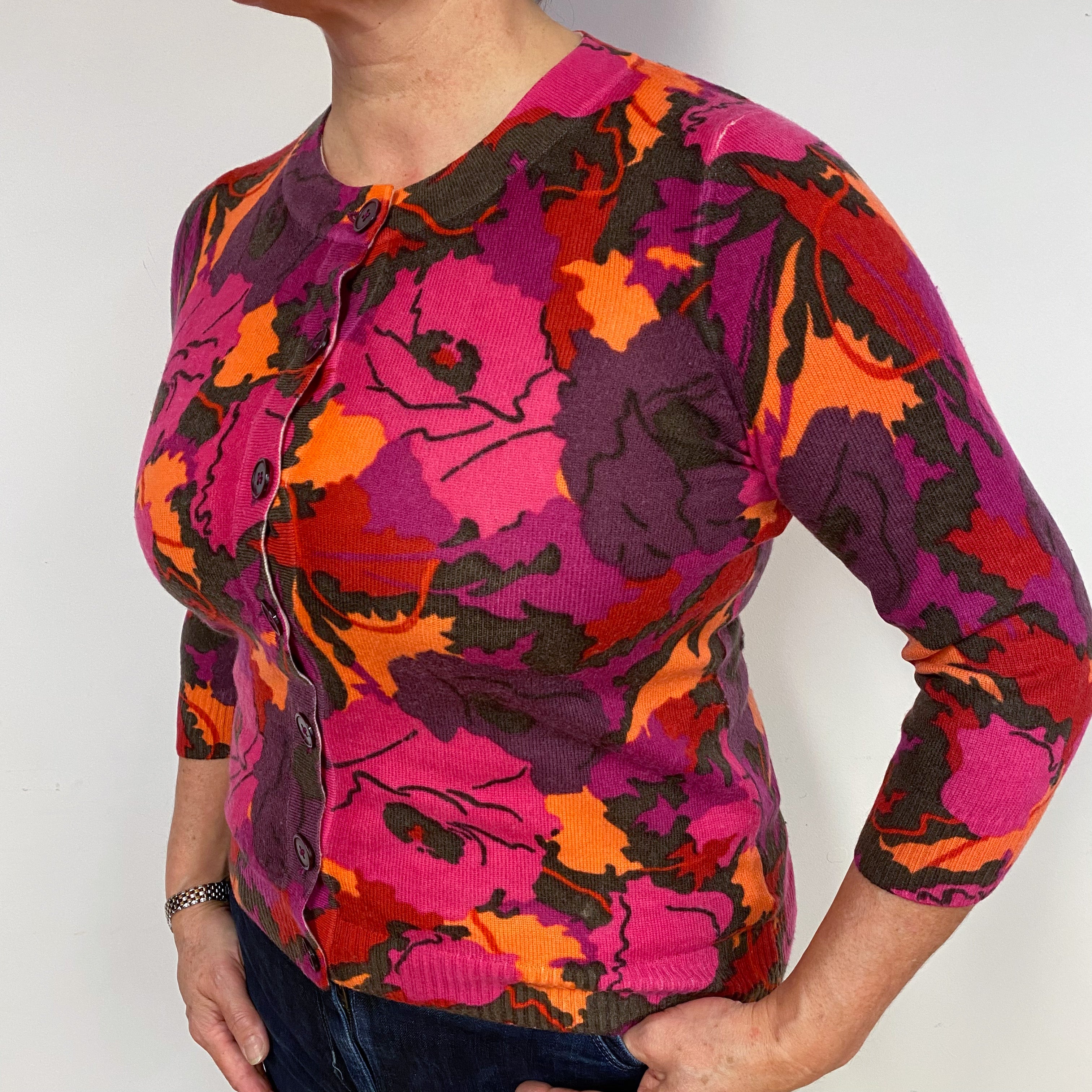 Pink Purple Floral Cashmere Crew Neck Cardigan Large