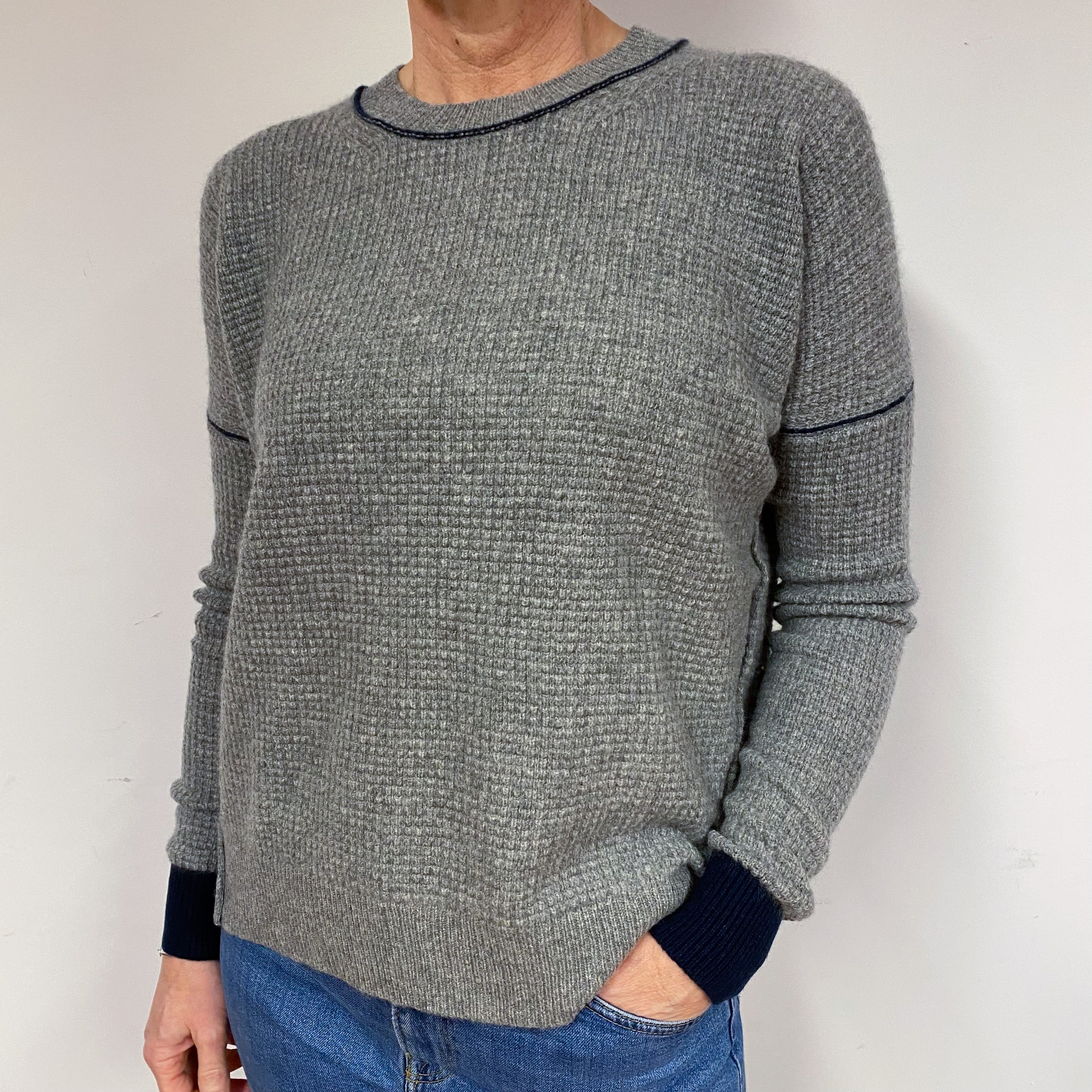 Slouchy Grey Waffle Cashmere Crew Neck Jumper Medium