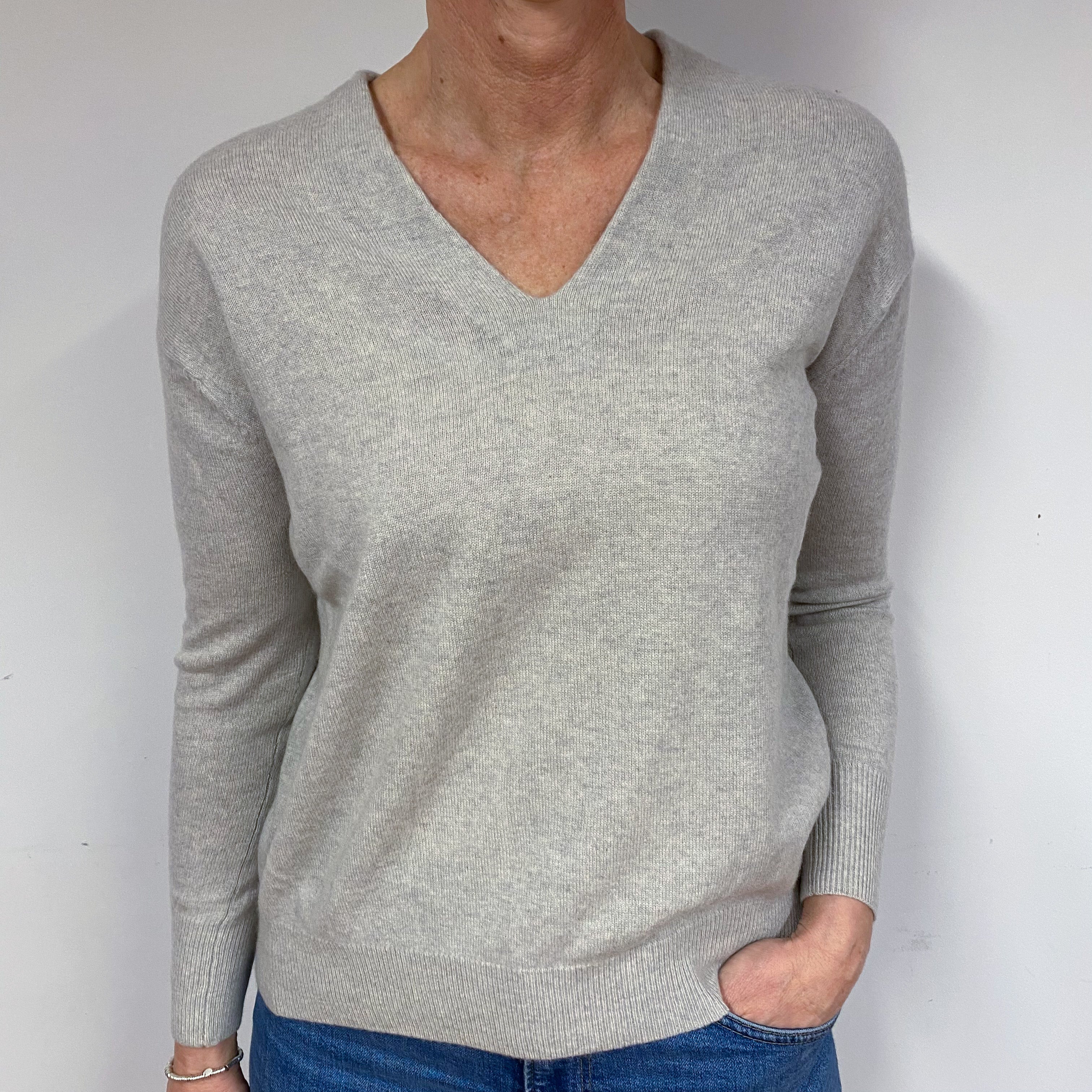 Frost Grey Cashmere V-Neck Jumper Medium